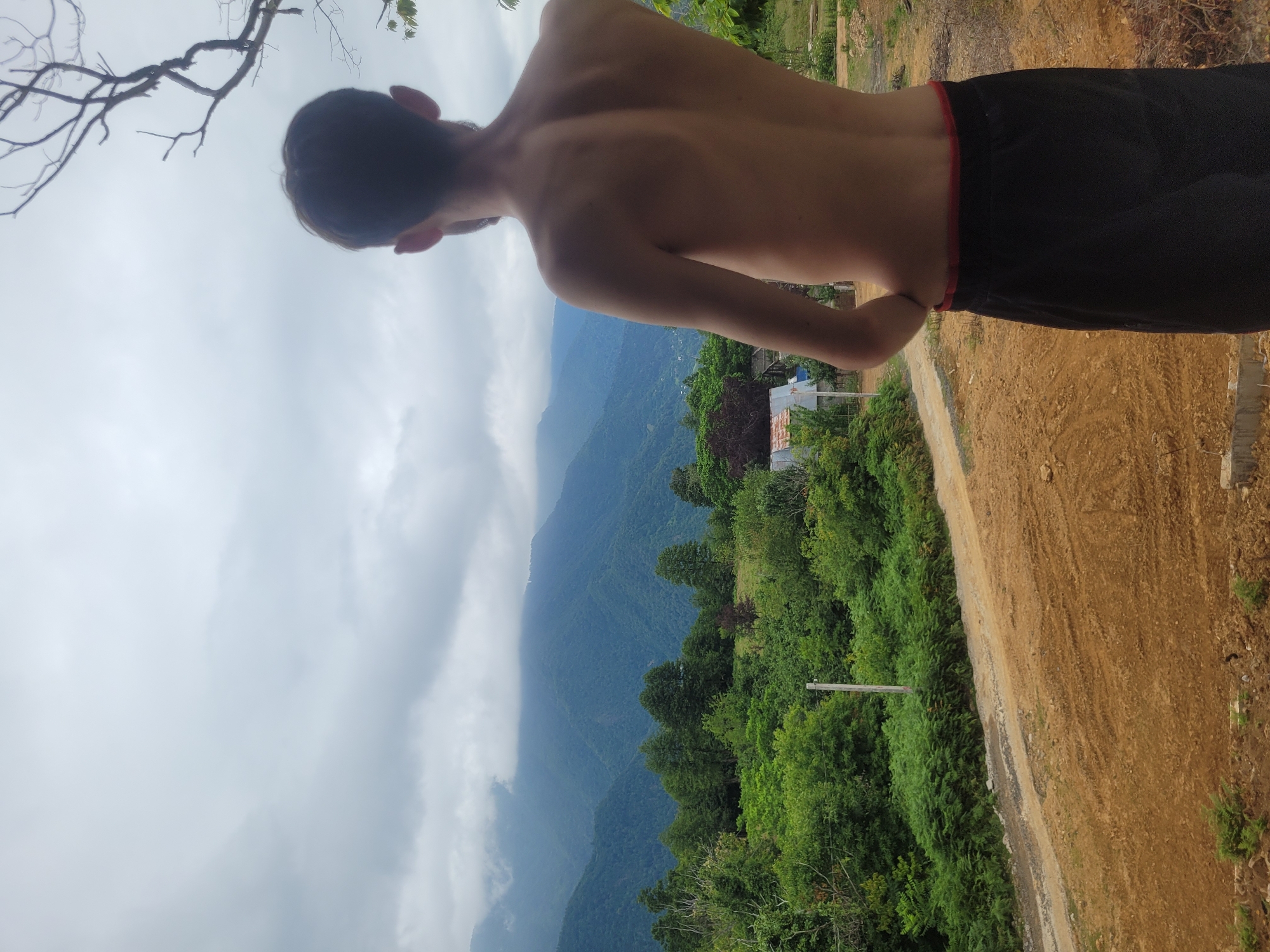 The media file is a portrait-oriented photograph taken outdoors in Milisi, Georgia. The primary subject is a person, viewed from behind and slightly to the side, with their head turned away from the camera. They are shirtless, wearing dark shorts with a thin red trim. The person's arms are bent at the elbows, with their hands resting on their lower back. Their back and shoulders are visible, showing smooth skin.
The setting is a mountainous and forested landscape. In the background, layers of lush green mountains recede into the distance, partially obscured by a cloudy or misty sky. The foreground consists of a dirt path or road winding through greenery. To the right of the path, the ground is a reddish-brown earth, suggesting dry or clay-like soil. Scattered vegetation, including trees and bushes, is prominent throughout the scene. A few small structures, possibly houses, are visible amongst the trees on the mountainside. A wooden post stands on the right side of the path, near the center of the image.
The time of day appears to be daytime, possibly overcast or with a lot of cloud cover, given the diffused light and the appearance of the sky. The overall mood is serene and contemplative, with the subject seemingly taking in the expansive view. There is no visible text in the image.