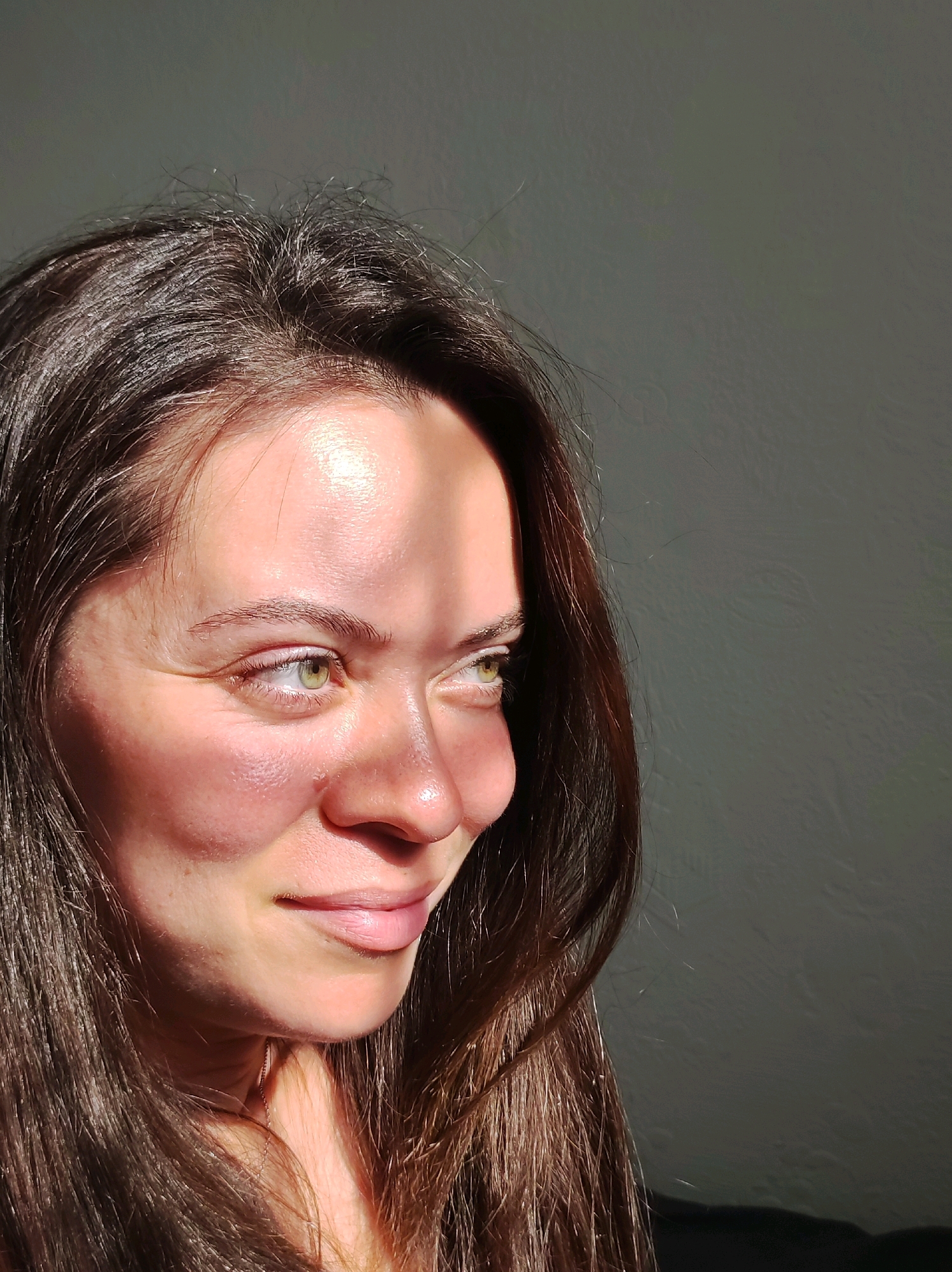 The image shows a close-up profile view of a young woman with long, dark brown hair. She has green eyes and fair skin, which is illuminated by a diagonal band of sunlight across her forehead and cheekbone, casting shadows. The background is a textured, dark gray wall. The lighting suggests this may be indoors, near a window or light source. The woman appears to be looking off to the right. There are no discernible elements in the image that would place it specifically in Chaikovsky, Russia.