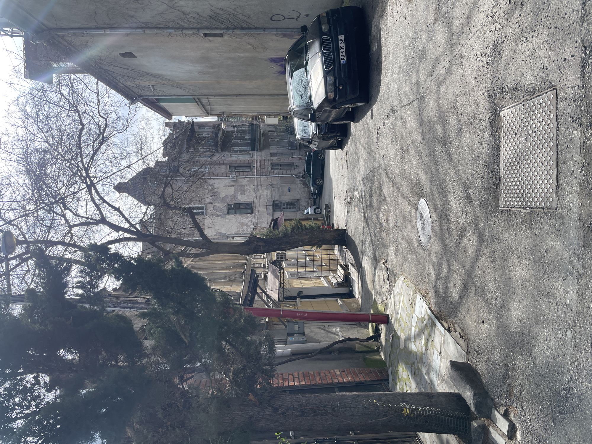 This image depicts a narrow street in Tbilisi, Georgia, with a mix of old and newer buildings. Several cars are parked along the right side of the street. A large tree with bare branches stands on the left side of the street, partially obscuring the view of the buildings in the background. The street surface is asphalt, with some patches and repairs visible. A manhole cover is visible on the right side of the street. A red pipe runs along a building. The buildings are a mix of residential and commercial properties, and some show signs of age and disrepair. The sky is overcast, creating soft light throughout the scene.