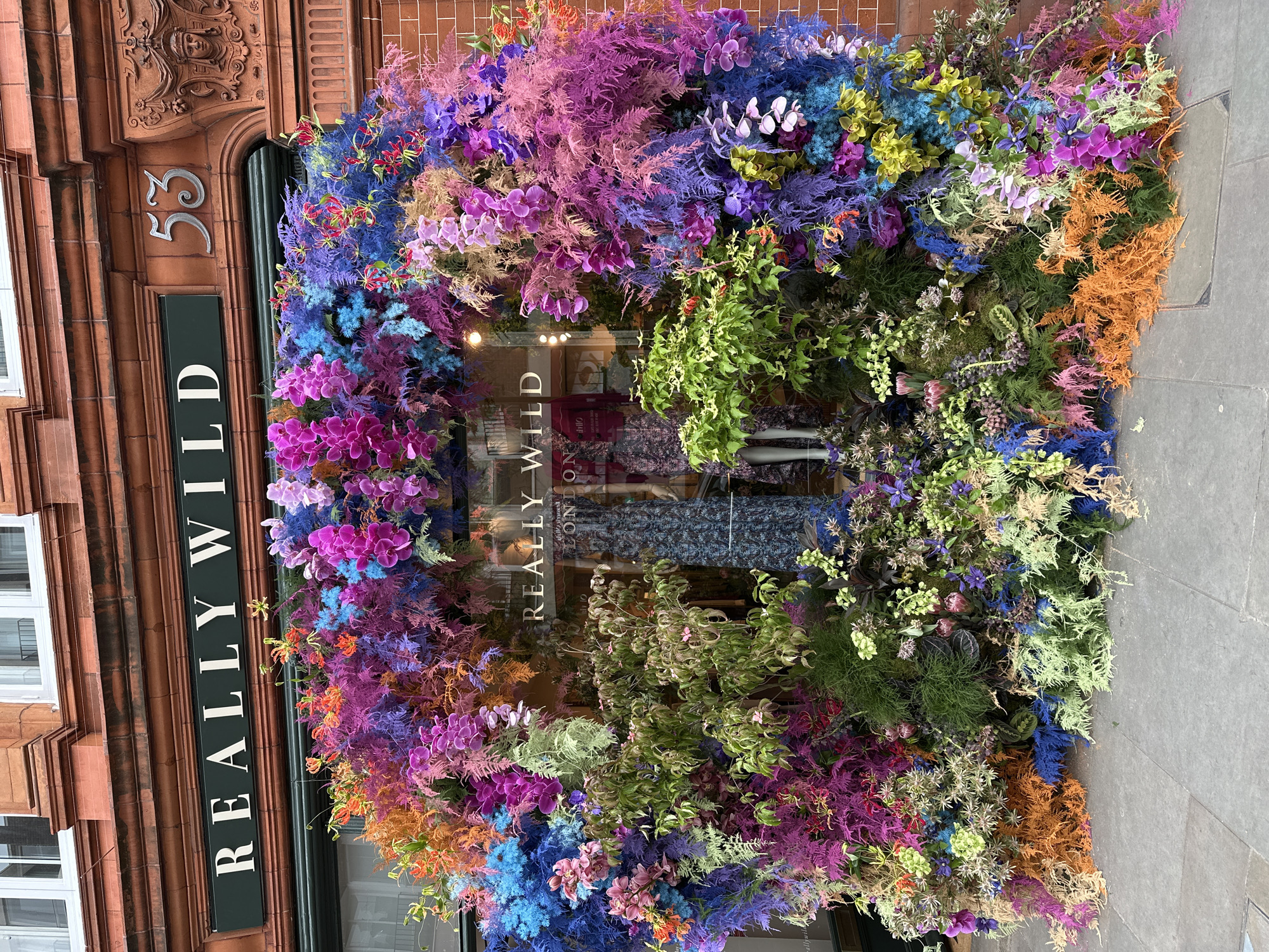 This vertical shot captures the elaborately decorated shopfront of "REALLY WILD" at address "53" in London, United Kingdom, during the daytime. The entire shop window is framed by a lavish, fantastical display of artificial flowers and foliage, creating a vibrant explosion of color.
The floral arrangement features an array of fuchsia, purple, blue, green, and orange hues. Prominent elements include orchids in various shades of pink, purple, and green, intermingled with feathery ferns and other leafy plants, many of which are dyed in striking blue, purple, and bright orange colors. The dense, colorful flora spills over the edges of the window, extending down to the pavement.
The building is made of reddish-brown brick, featuring intricate architectural details, including an ornate sculpted face above the arched entrance. The number "53" is displayed in silver on the brickwork. A dark green vertical sign with "REALLY WILD" in white uppercase letters runs alongside the left edge of the window. Through the reflective glass, the interior of the shop is partially visible, showing two mannequins dressed in clothing and a reflection of the "REALLY WILD LONDON" signage. The grey paving stones in front of the shop provide a neutral contrast to the exuberant display. The lighting is even, suggesting an overcast day.