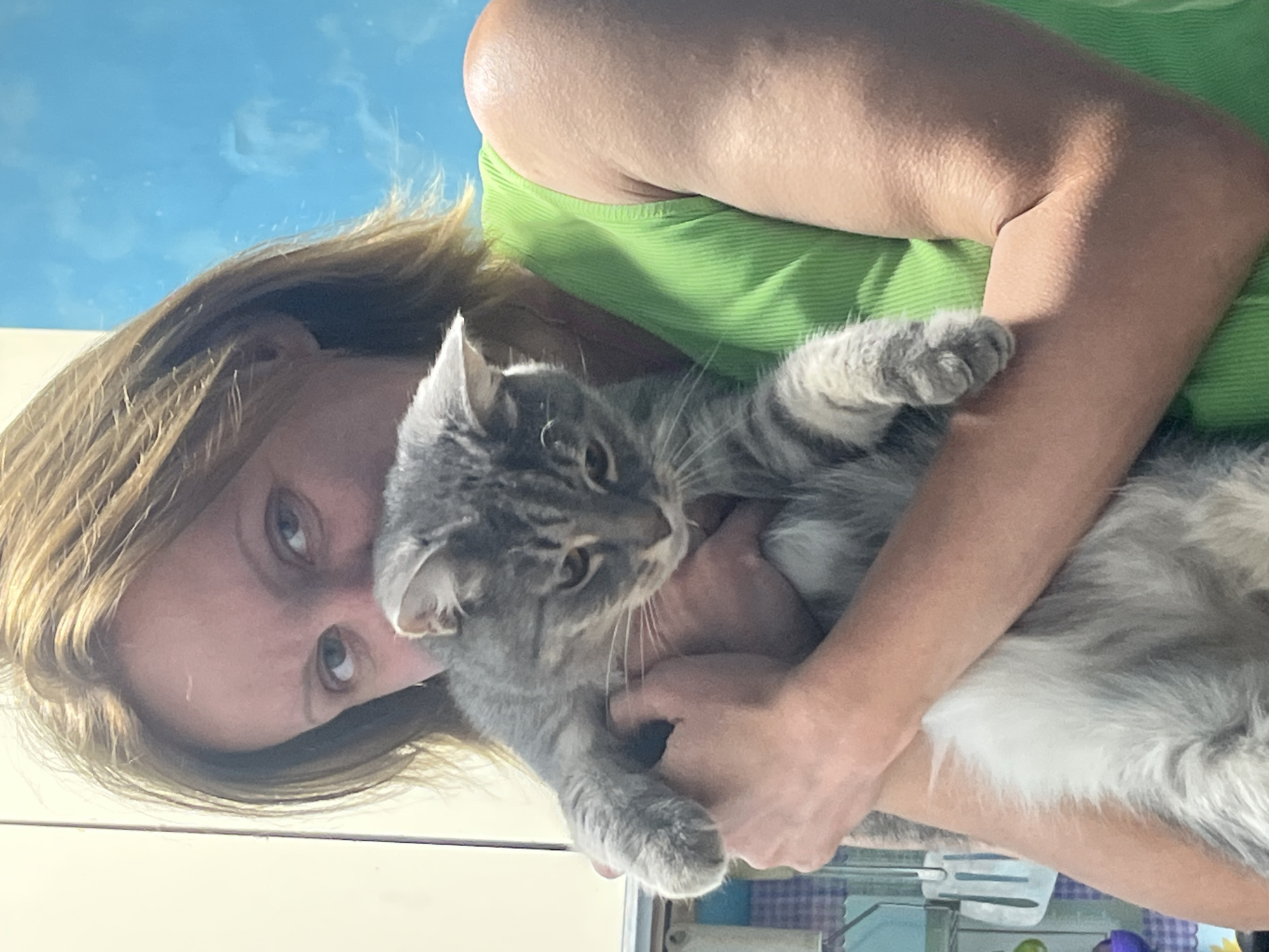 An image, rotated 90 degrees counter-clockwise, depicts a woman holding a grey tabby cat. The woman has light brown hair and is wearing a vibrant green sleeveless top. Her face is partially visible, with one eye looking towards the camera, while her arms gently secure the cat in her embrace.
The cat is a domestic shorthair with distinctive grey tabby stripes and patches of white fur, particularly on its chest and paws. It has prominent whiskers and is looking slightly away from the camera, appearing relaxed in the woman's arms. One of its paws is visible, showing soft grey pads.
The background above the woman's head is a light blue surface, possibly a wall or screen, with faint, cloud-like textures. Below the cat and the woman's arms, a lighter, indistinct surface, possibly a table or counter, is visible. Blurred objects, including what appears to be a white spatula and a pattern with blue and white squares, suggest an indoor setting. The lighting is bright, indicating it could be daytime. The scene captures a moment of gentle interaction and affection between the woman and her pet. No visible text is present in the image. This event occurs in Nizhny Tagil, Russia.