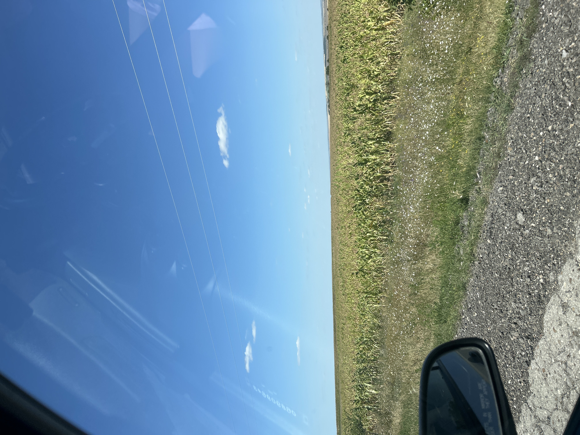 The image depicts a rural roadside view of a cornfield under a bright blue sky with scattered clouds. The corn stalks are tall and green, filling the majority of the frame. In the foreground, a gravel road and a car's side mirror are visible. The reflection in the side mirror shows the blue sky and some streaks, possibly from the car's window. Power lines are stretched across the sky. The scene suggests a warm, sunny day in an agricultural area. The location is identified as Cioc-Maidan, Moldova.