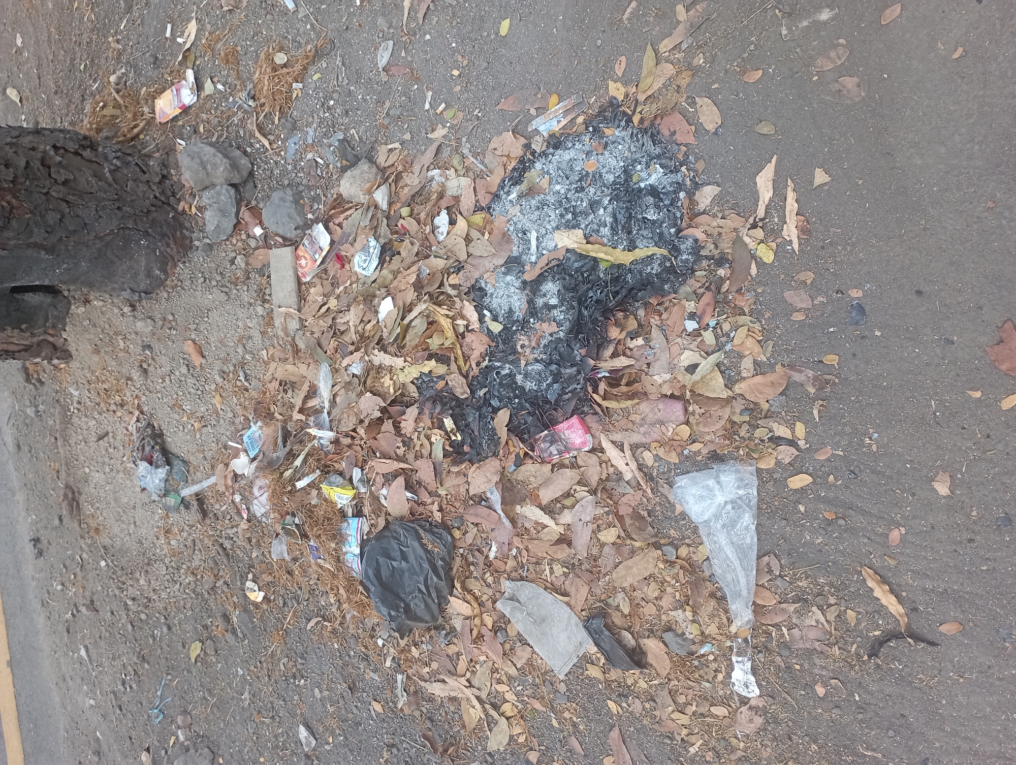 A pile of trash and leaves is scattered on the side of a road next to a tree. The trash includes plastic bags, wrappers, and what appears to be burnt debris. The ground is a mix of dirt, gravel, and asphalt. The scene is located in the city of Tasikmalaya, Indonesia.