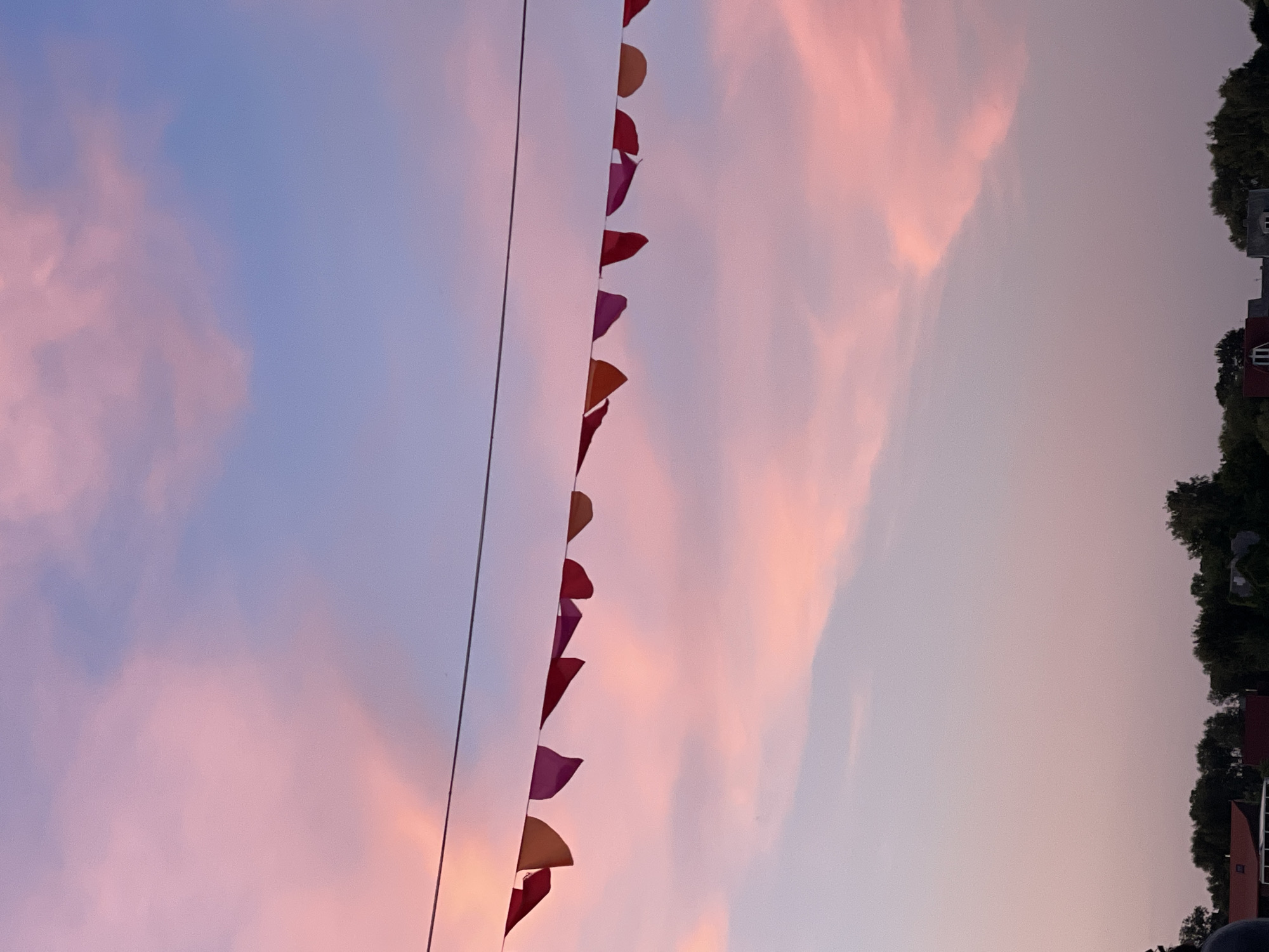 A string of triangular, colorful flags hangs across a pale wire against a soft pink and blue sky. The flags are a mix of orange, pink, and purple hues, and they are spaced out evenly along the wire. In the background, the sky is filled with wispy clouds, tinged with the warm colors of sunset or sunrise. Below the sky, a line of dark green trees and rooftops of houses are visible, suggesting an outdoor scene, possibly in a residential area. The overall impression is peaceful and serene, with a touch of festive decoration provided by the flags.