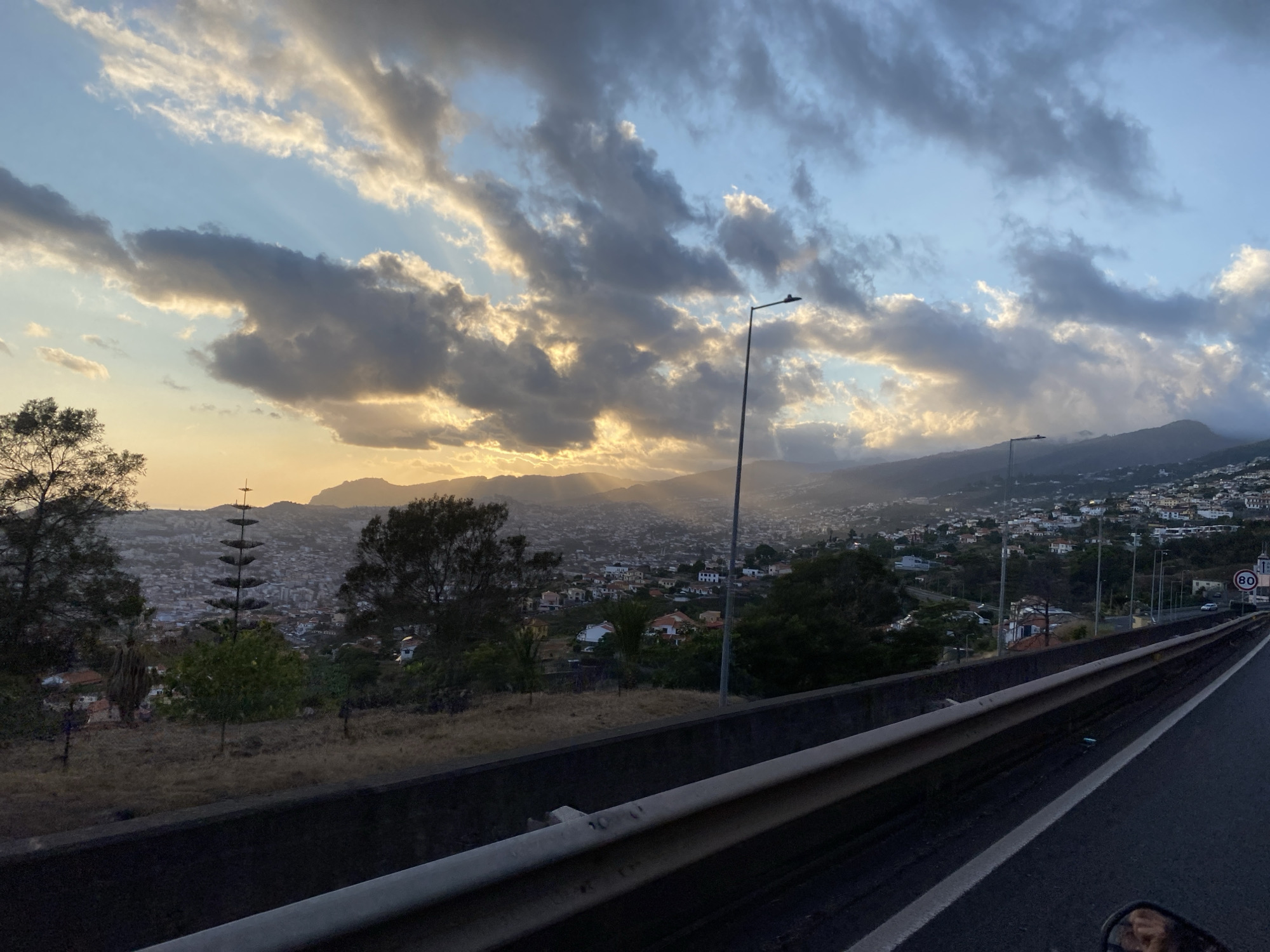 The image captures a panoramic view of Funchal, Portugal, during what appears to be sunset. The sky is filled with dramatic clouds, with patches of golden sunlight breaking through, illuminating the landscape below. In the foreground, a highway barrier is visible, suggesting the photo was taken from a moving vehicle. The city of Funchal stretches out across the hillsides, with numerous buildings and houses creating a dense urban tapestry. In the distance, mountains frame the city, their slopes partially obscured by the fading light. A tall, uniquely structured tree stands prominently on the left side of the frame, adding a distinctive element to the scene. The overall impression is one of a vibrant city bathed in the warm glow of the setting sun.