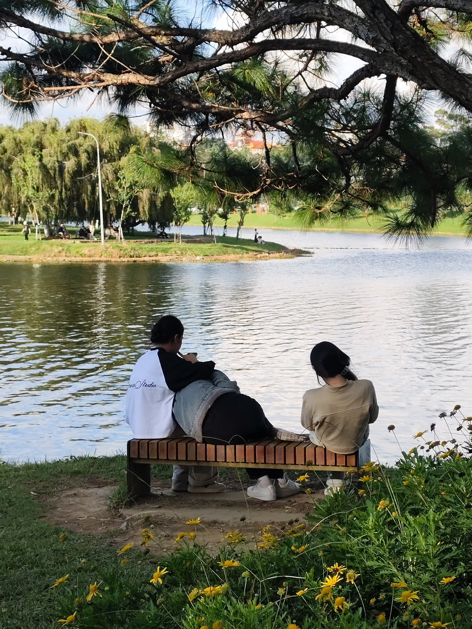 In Xuân Hương Lake, Đà Lạt, Vietnam, two young women sit on a wooden bench facing the water. The woman on the left is wearing a white and black long-sleeved shirt and jeans, with her dark hair tied back. The woman on the right has dark hair and is wearing a light brown long-sleeved shirt and light-colored jeans. The lake is calm, with reflections of the trees and sky on its surface. Lush green grass and yellow flowers surround the bench and extend towards the water's edge. In the background, a line of trees forms a backdrop to the lake, and a few people can be seen in the distance enjoying the park. The scene is bathed in natural light, suggesting it is daytime.