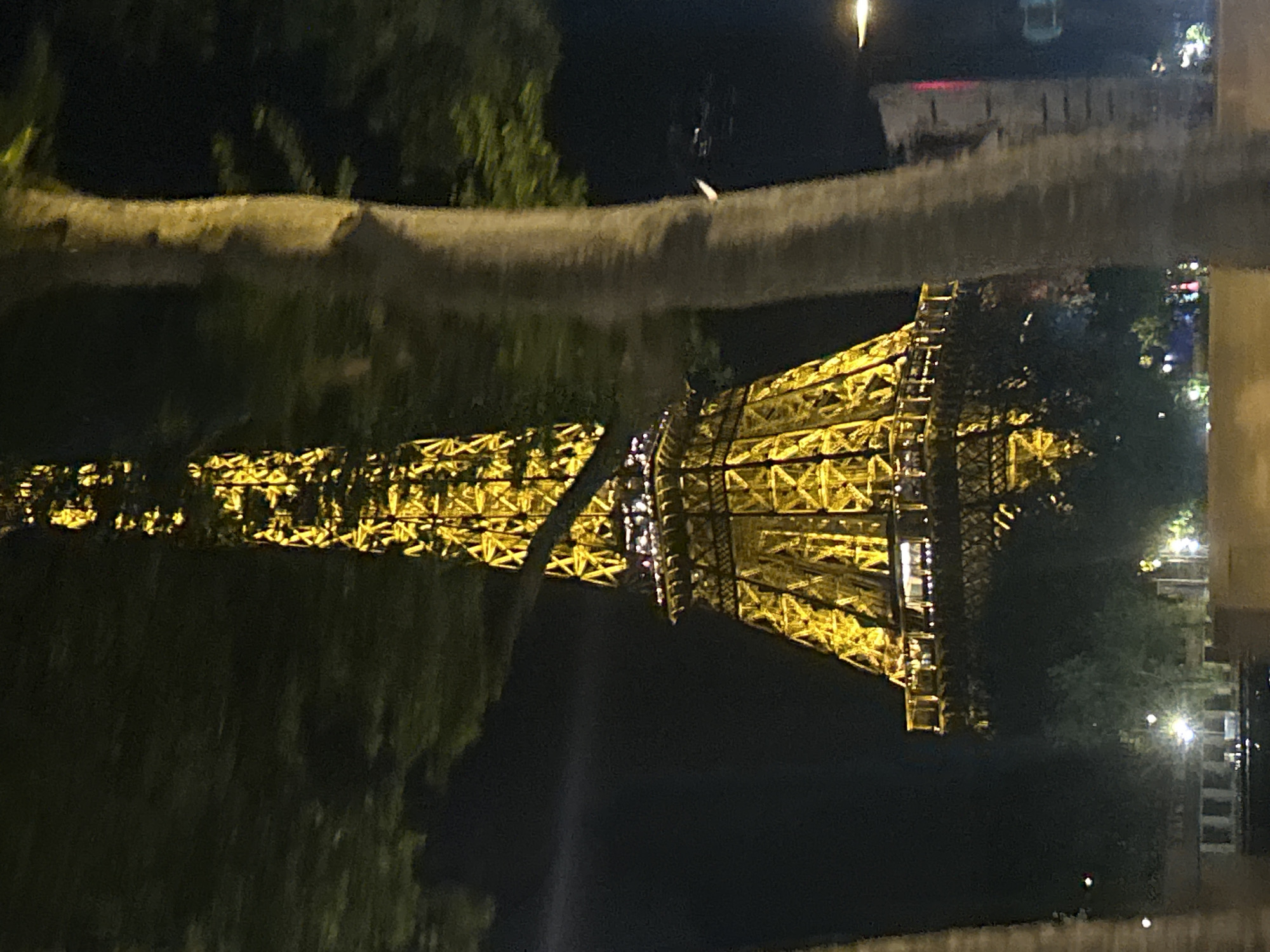 The image captures the Eiffel Tower illuminated at night, seemingly reflected in the water, possibly the Seine River. The surroundings include greenery, indicating parks or trees along the riverbank. A bridge or wall structure is also visible in the foreground and background, hinting at the urban environment of Paris.