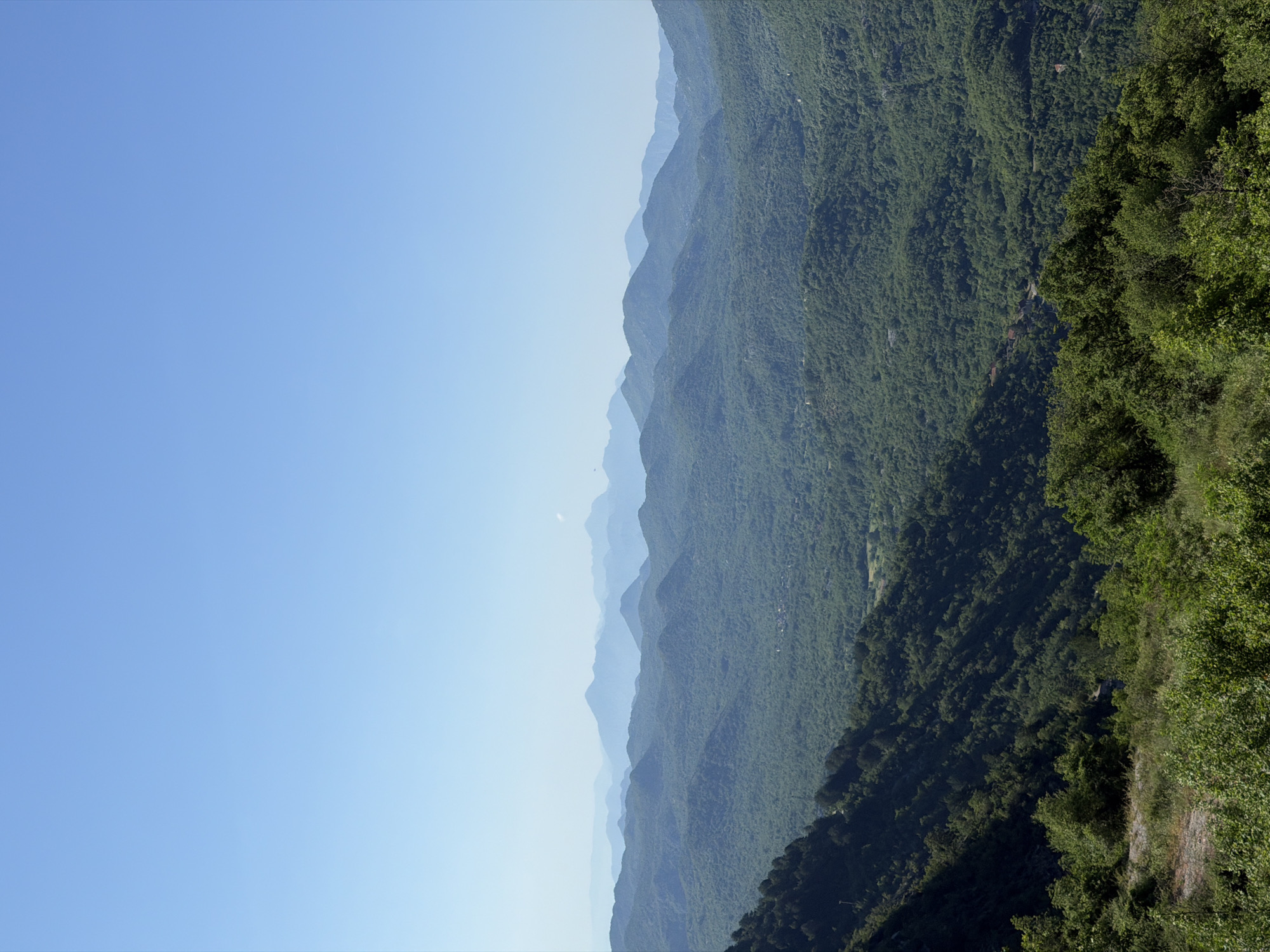 The image depicts a panoramic view of a mountainous landscape under a clear blue sky. The foreground features a slope covered with lush green vegetation and trees, with a dusty path winding through it. Beyond the foreground, rolling hills covered in dense green forests stretch into the distance. Several layers of mountains are visible, with the furthest peaks appearing hazy and blue, indicating their distance. The scene suggests a natural, undeveloped environment, likely within or near a mountainous region. The mention of Cetinje, Montenegro, places the scene in a specific geographic context known for its hilly and mountainous terrain. There are no people or visible structures in the immediate foreground or midground, but a few small buildings might be discernible in the far distance, nestled within the valleys. The overall impression is one of natural beauty and expansive open space.