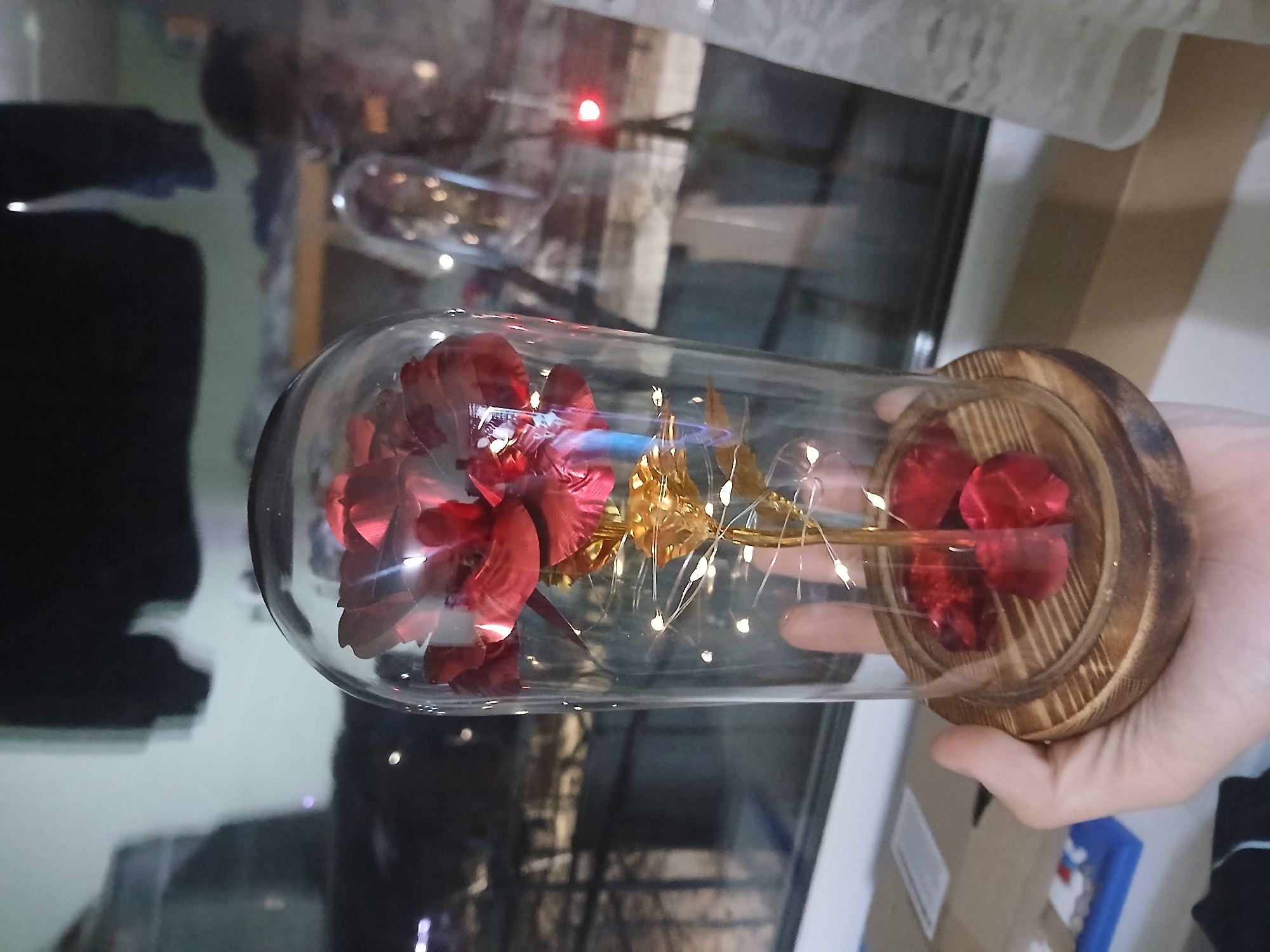 A glass dome containing a red rose and gold leaf, with fairy lights, sits atop a wooden base. A hand holds the base. The background is blurred and appears to be indoors, with reflections of objects including a red light. The location is Chaikovsky, Russia.