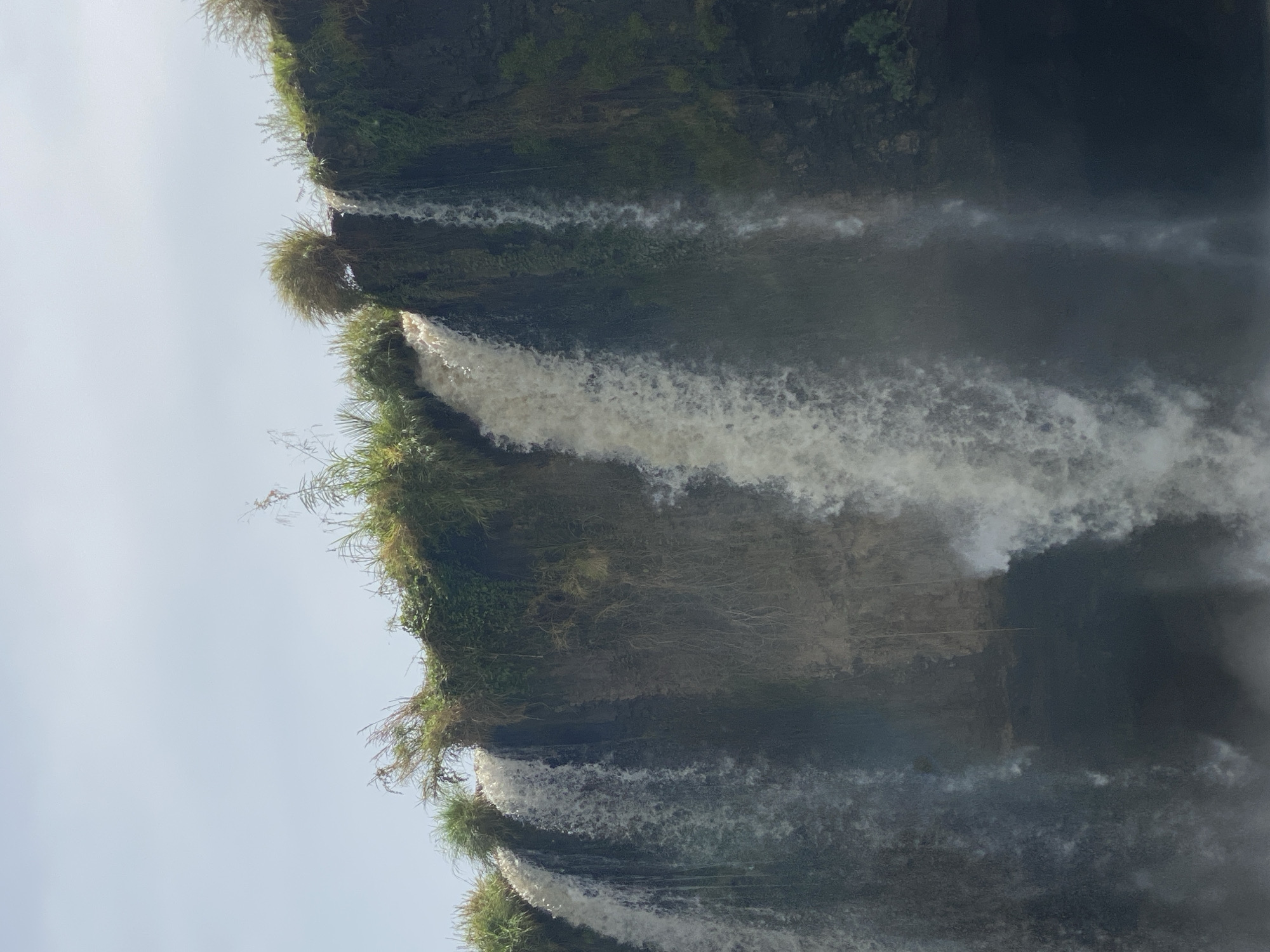 The image displays a majestic waterfall cascading down a verdant cliff face. The water, appearing white and foamy, plunges vertically in multiple streams, some broad and powerful, others more diffused. The rugged, dark rock face is heavily adorned with lush green vegetation, including dense clumps of grass, moss, and various plants clinging to the ledges and crevices.
A bright, overcast or hazy sky occupies the background, indicating daytime. The force of the falling water creates a significant amount of mist and spray, particularly noticeable in the lower parts of the falls, partially obscuring the view and lending a soft atmosphere to the scene. A faint rainbow effect is subtly visible within the mist.
The scene conveys a sense of natural power and tranquility. The abundance of greenery suggests a fertile, moist environment. No people, man-made objects, or visible text are present in the image. The natural landscape is consistent with environments found in places such as Maigizo, Nigeria.