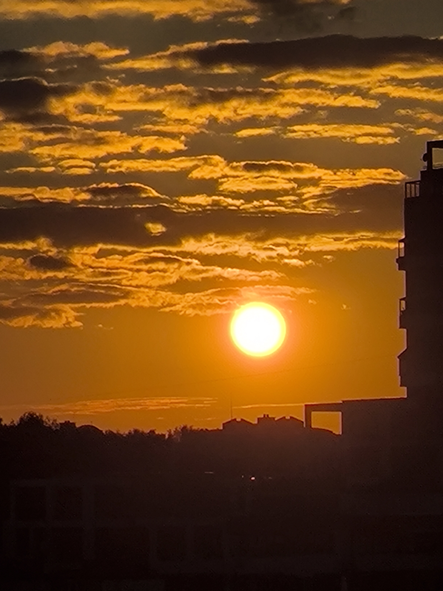 This is a vertical, medium-close shot of a sunset scene, likely taken from an apartment in Khimki, Russia. The sky is dominated by a vibrant orange and yellow glow, with horizontal bands of textured clouds illuminated by the setting sun. The sun itself is a bright, white orb positioned slightly left of center, radiating its light and warmth across the sky.
In the foreground, silhouetted against the dramatic sky, is a cluster of buildings and trees. To the right of the frame, a dark, multi-story building with visible balconies and windows juts upwards, partially obscuring the sunset. The lower portion of the frame shows the dark silhouettes of other buildings and a treeline, suggesting an urban or suburban environment. The overall mood is serene and peaceful, characteristic of a beautiful sunset. The time of day is clearly evening, and the weather appears clear apart from the scattered clouds. There are no visible people or text in the image.