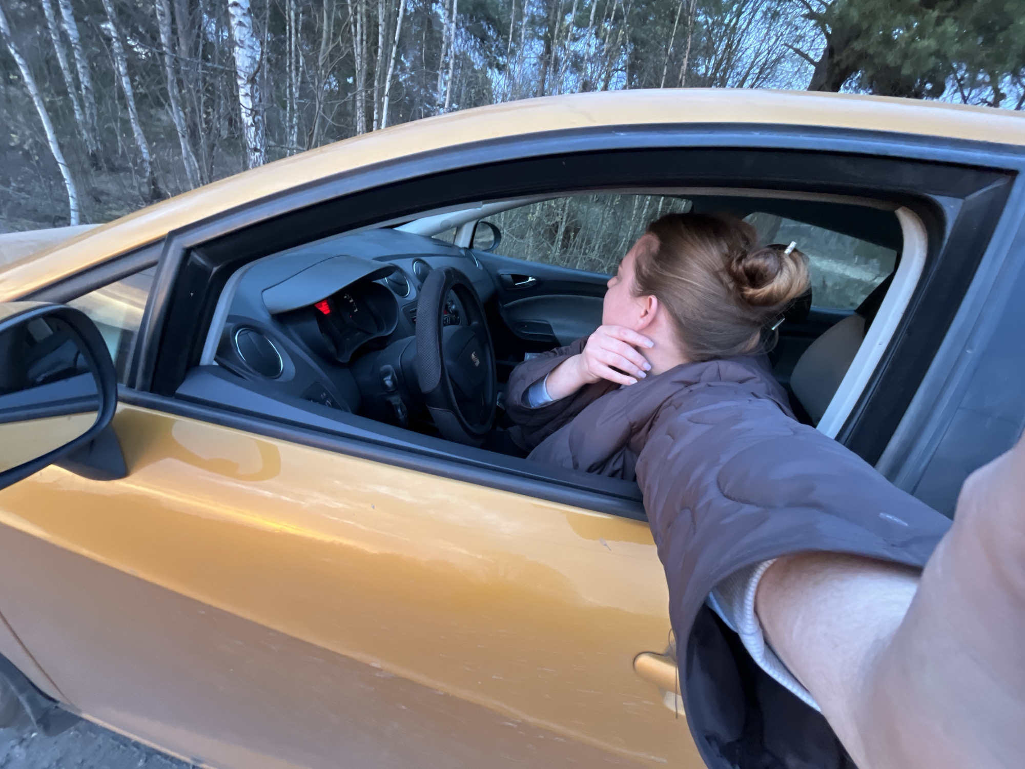 A medium shot captures a light-skinned woman in the driver's seat of a yellow car. She has light brown hair styled in a bun and is wearing a dark, puffy jacket with a white sleeve visible at the wrist. Her left hand is near her face. The car's interior, including the dashboard and steering wheel, is visible. Outside the car window, a blurred background of trees suggests a wooded area. The angle suggests the photo was taken from outside the car, with the photographer's arm and hand partially visible in the frame. The location is Voronino, Russia.