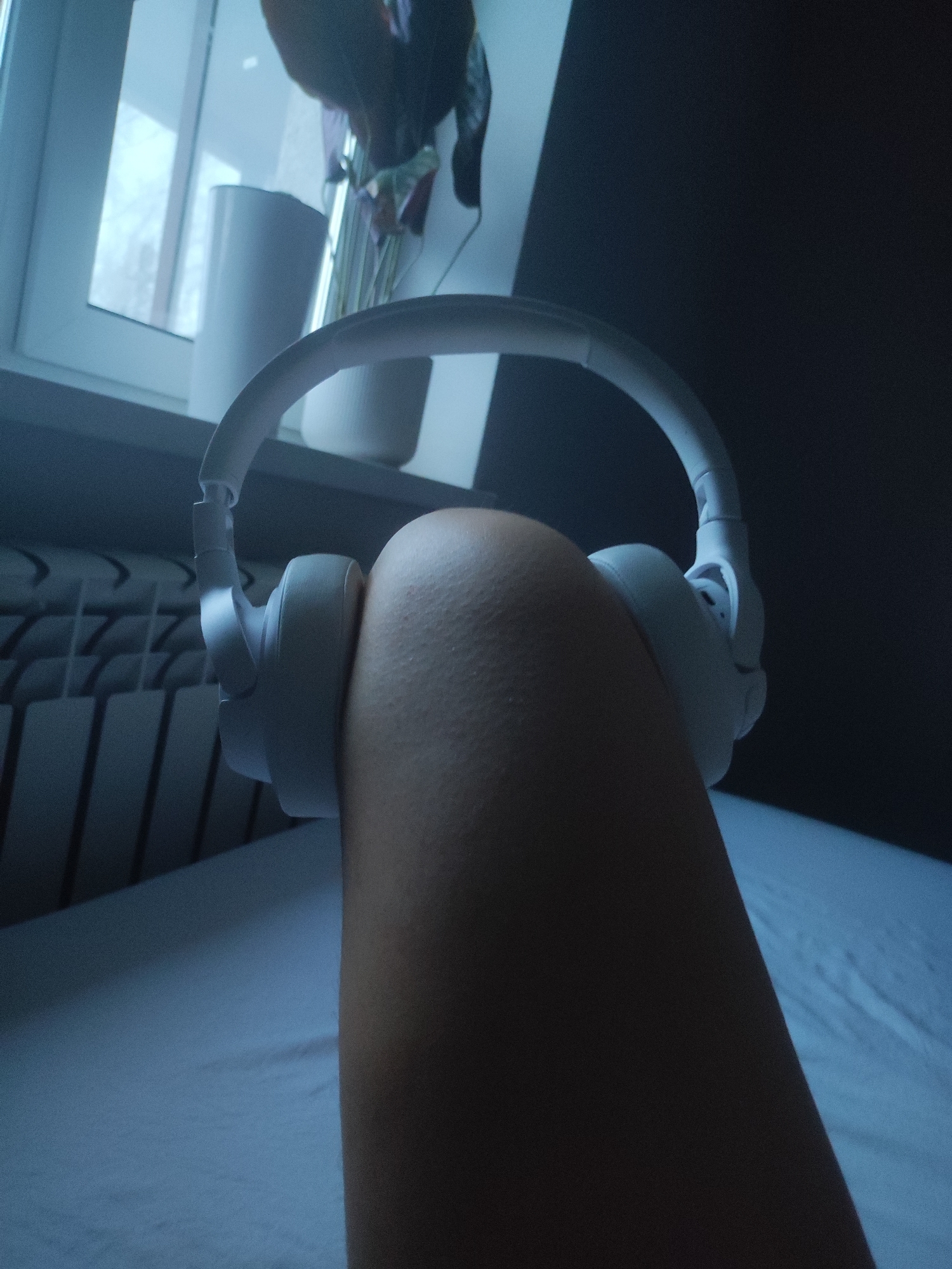 A close-up shot features a fair-skinned human leg with white over-ear headphones placed around the knee. The leg and headphones are positioned in the foreground against a backdrop that suggests a bedroom or living space. In the background, a partially visible window reveals a glimpse of the outside world and a plant in a white pot on the windowsill. The color palette is cool and muted, with blue and white tones dominating. The scene is indoors, likely in a domestic setting. The photo's composition and subject matter do not provide enough detail to determine the location as Votkinsk, Russia. No people or actions are visible. The environment appears simple and uncluttered.