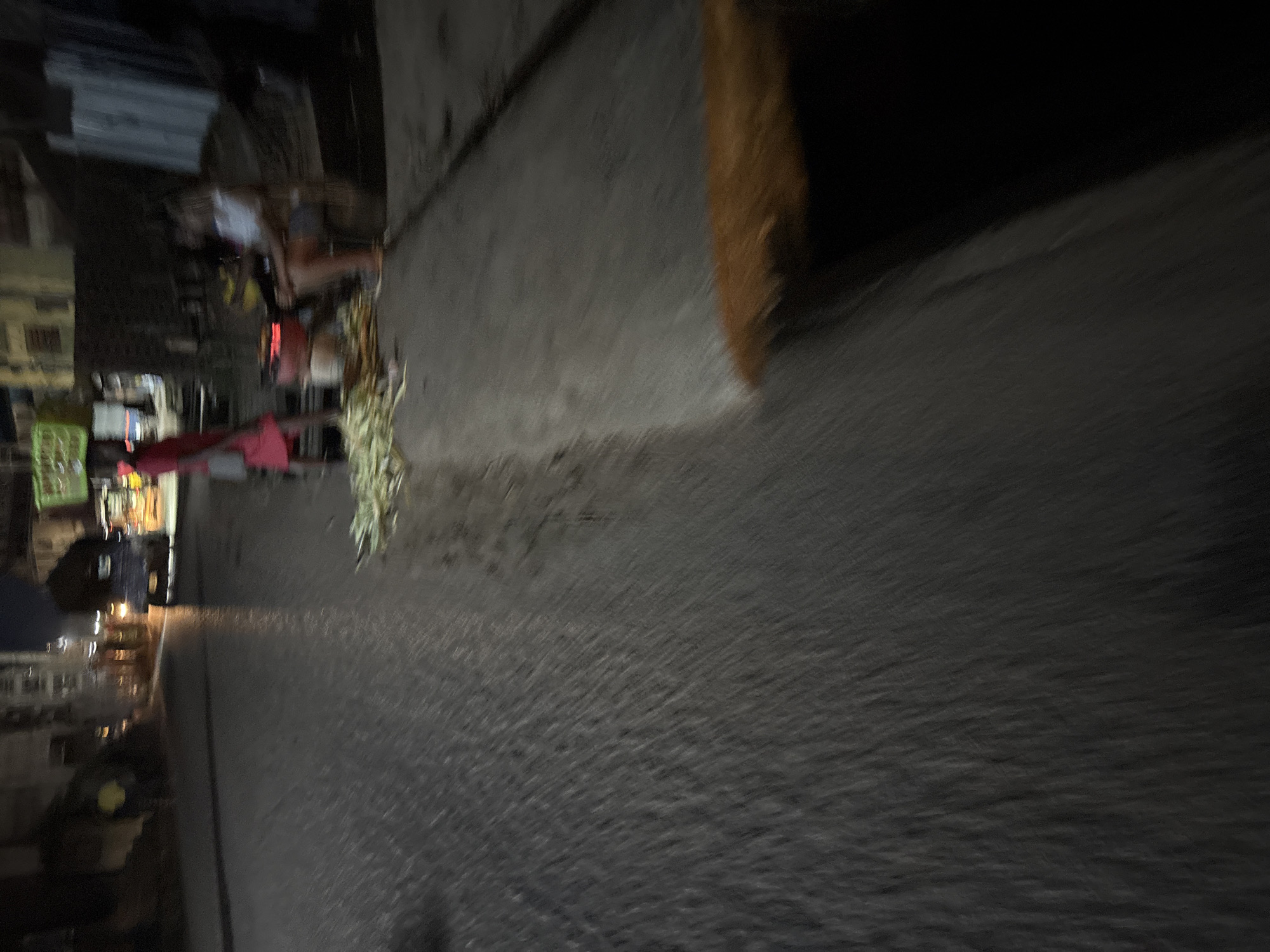 The image depicts a nighttime scene on a street in Onitsha, Nigeria. In the foreground, a blurry, reddish-brown mass, possibly an animal or fabric, is visible. Further down the street, a person in a red dress stands near a red grill with food items on it, and another person in a white top and shorts sits on a bench. Piles of corn husks are scattered on the ground. A vehicle, possibly a van, is parked on the right side of the street, and buildings are visible in the background. The scene appears to be a street food vendor's setup.
