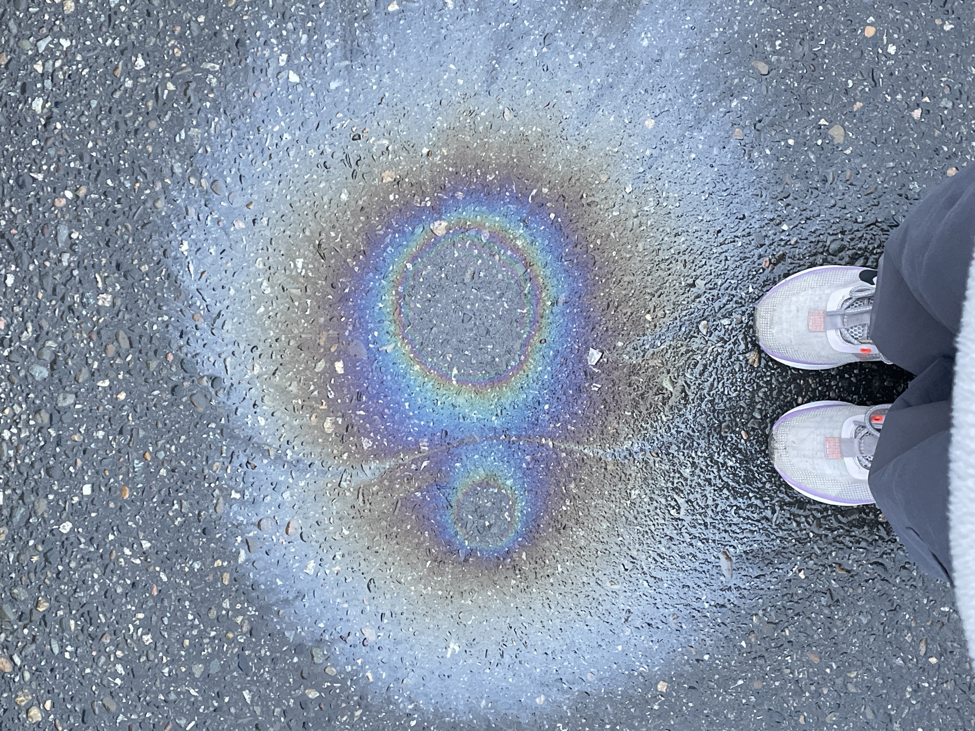 The image shows a patch of iridescent liquid, likely oil or gasoline, on asphalt pavement. The liquid forms two overlapping circular patterns with rainbow-like colors. To the right are a pair of athletic shoes and the lower portion of a person's dark-colored pants. The pavement is wet and appears to be a walking path or road surface. There is no contextual information in the image that connects to Sochi, Russia.