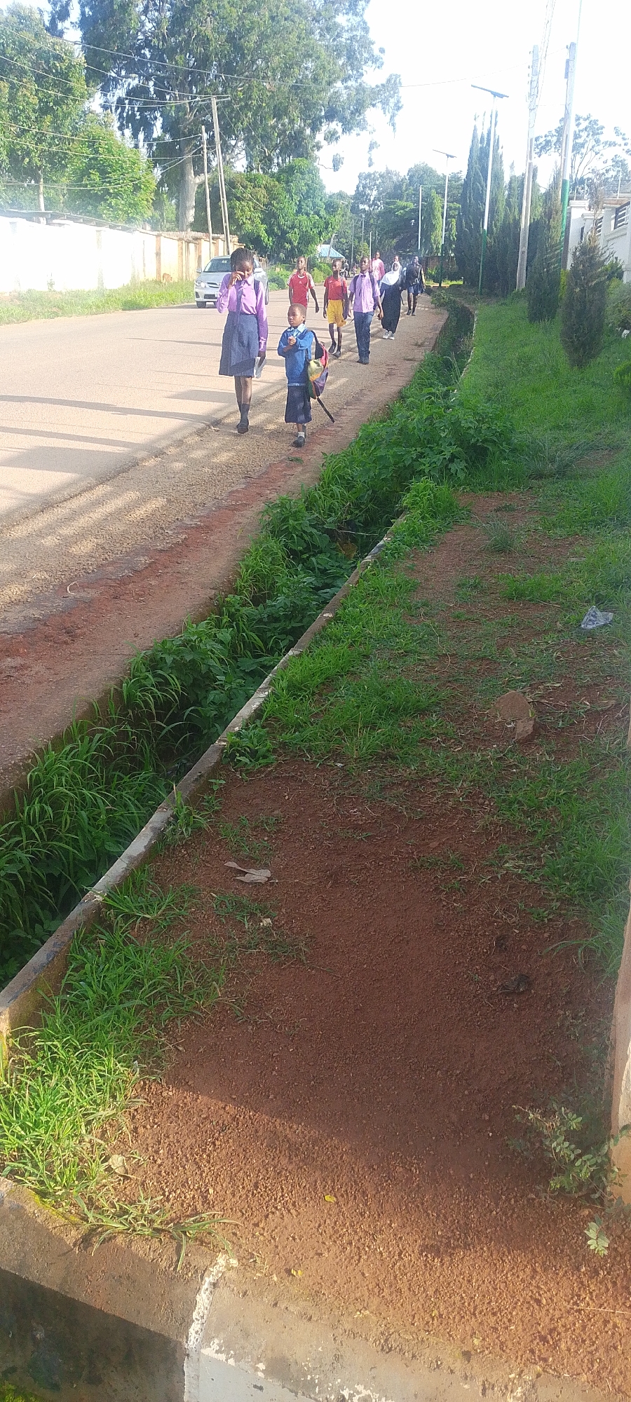 The image depicts a group of school children walking along a paved road in Jos, Nigeria, adjacent to a grassy embankment with a drainage ditch. The children are dressed in school uniforms, with some wearing purple shirts and dark skirts or trousers, and others in red and yellow athletic wear. One child in a blue shirt and shorts is walking with a backpack. A silver car is visible on the road in the background. The environment appears to be an urban or suburban area, with trees and buildings visible in the distance. The lighting suggests it is daytime, likely morning or late afternoon, given the shadows cast by the children and trees.