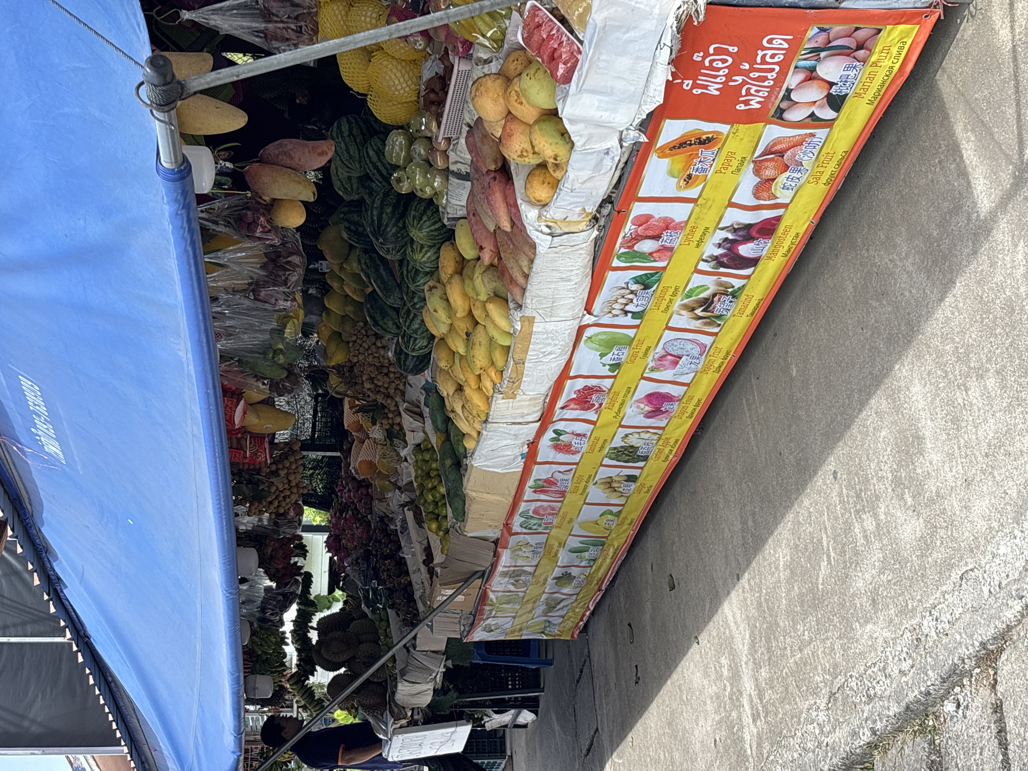 The image depicts a vibrant outdoor fruit stand in Rawai, Thailand. A blue tarp shades a long display table laden with an abundant selection of fresh fruits. Various types of mangoes, watermelons, durians, bananas, lychees, papayas, guavas, dragon fruits, mangosteens, and tamarinds are prominently showcased. The front of the stand is adorned with a colorful banner featuring illustrations and names of the fruits in multiple languages, including English. A man in a dark shirt is partially visible on the left side of the frame, standing near the fruit display, possibly a vendor. The ground is a paved concrete surface, and sunlight casts shadows, indicating a daytime scene. The overall impression is one of a bustling local market offering a diverse array of tropical produce.