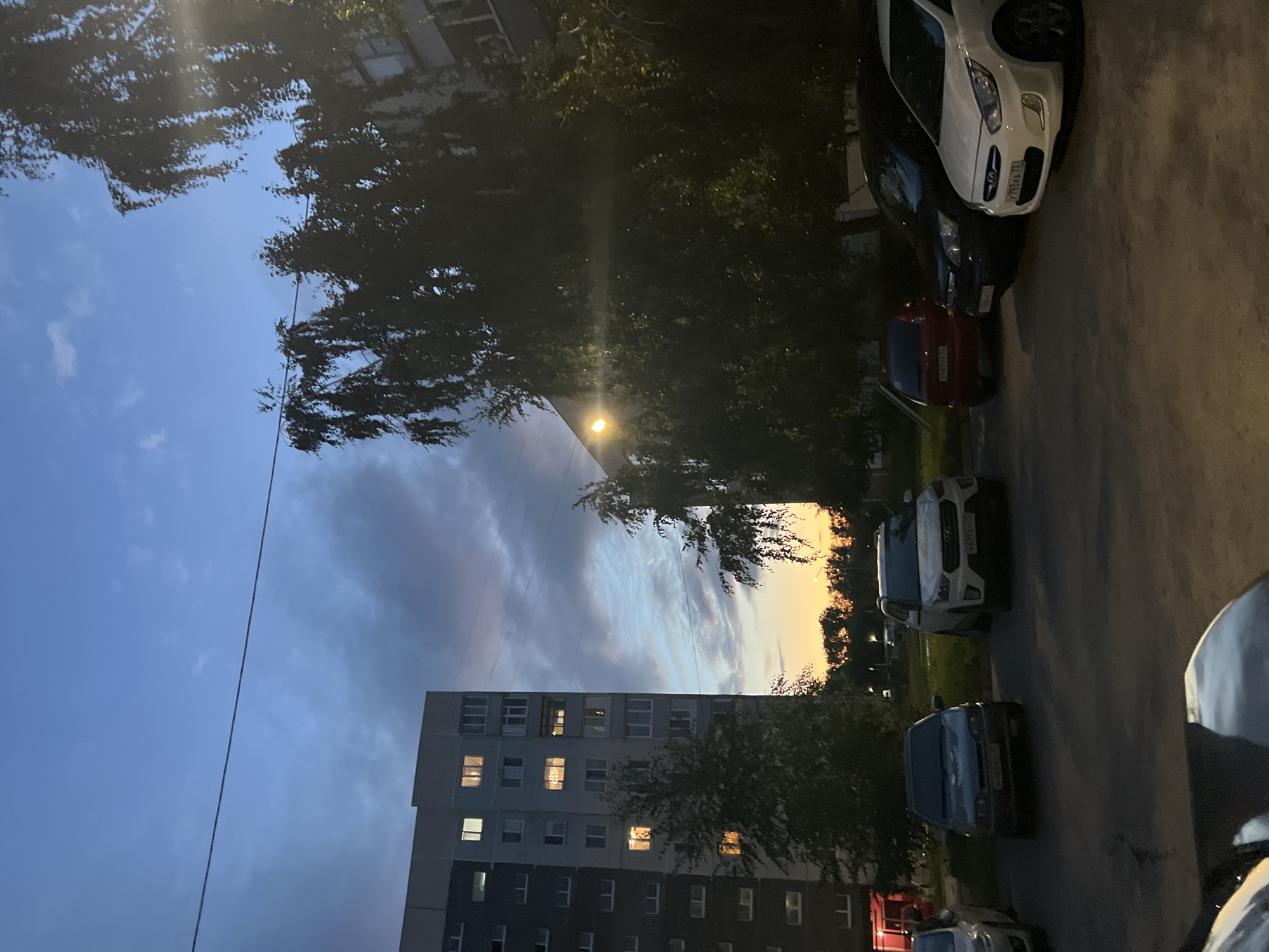 The image shows a dusk scene in a residential area, likely a courtyard, in Ulyanovsk, Russia. A tall, gray apartment building with numerous windows, some illuminated from within, stands on the left. In front of the building, several cars are parked in a lot. These include a dark-colored sedan, a white SUV, and other vehicles partially visible. The foreground is dominated by the hood of a car. Trees with dark foliage are prominent, obscuring parts of the apartment building and the sky, with some branches silhouetted against the twilight sky. The sky itself displays a gradient of deep blue at the top, transitioning to lighter blues and hints of orange and pink near the horizon, suggesting the sun has recently set. A thin power line stretches horizontally across the upper portion of the image. The overall impression is that of a typical urban residential environment during the evening.