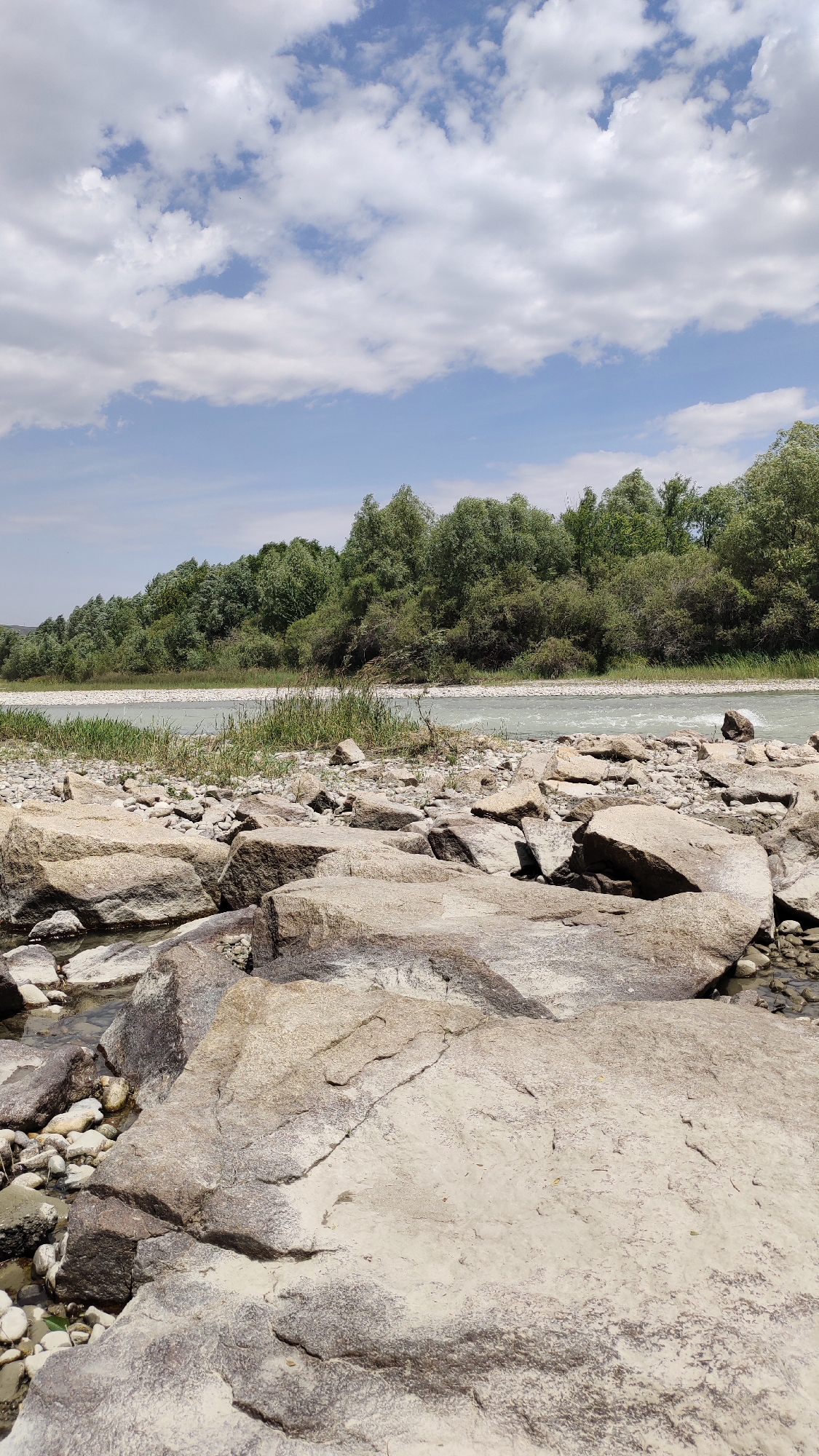 The image depicts a natural scene featuring a river flowing through a rocky, vegetated landscape under a partly cloudy sky. In the foreground, large, weathered rocks of varying sizes dominate the view, interspersed with smaller pebbles and some sparse vegetation. The river is visible in the midground, its water appearing somewhat murky and flowing gently. The far bank of the river is lined with a dense growth of green trees and shrubs, forming a natural barrier. The sky above is a pale blue with scattered white clouds. The overall impression is one of a tranquil, undeveloped natural environment.
Based on the provided context, this image is located on the outskirts of Taldykorgan, Kazakhstan, near the river bank, where the landscape transitions from urban outskirts to natural, undeveloped terrain. No people or animals are visible in the frame.