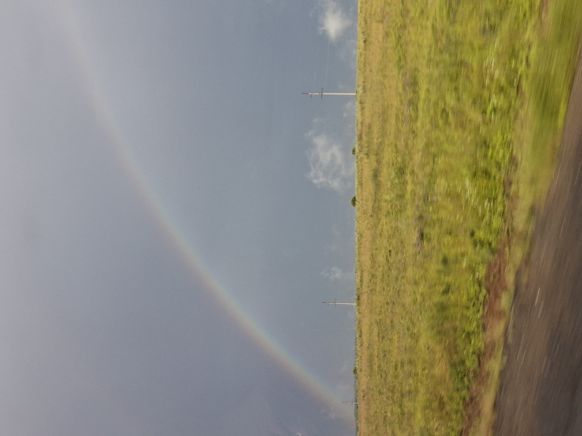 An overcast sky with a visible rainbow arc dominates the upper portion of the image. The rainbow extends from the left edge towards the center and right. Below the sky is a wide expanse of a grassy field, with the grass appearing predominantly green and yellow, suggesting either dry or sunlit vegetation. Several utility poles are sparsely distributed across the field. In the foreground, a blurred dark surface, likely a road or track, runs horizontally across the bottom of the image, indicating movement or a vehicle's perspective. The scene appears to be an open, rural landscape.