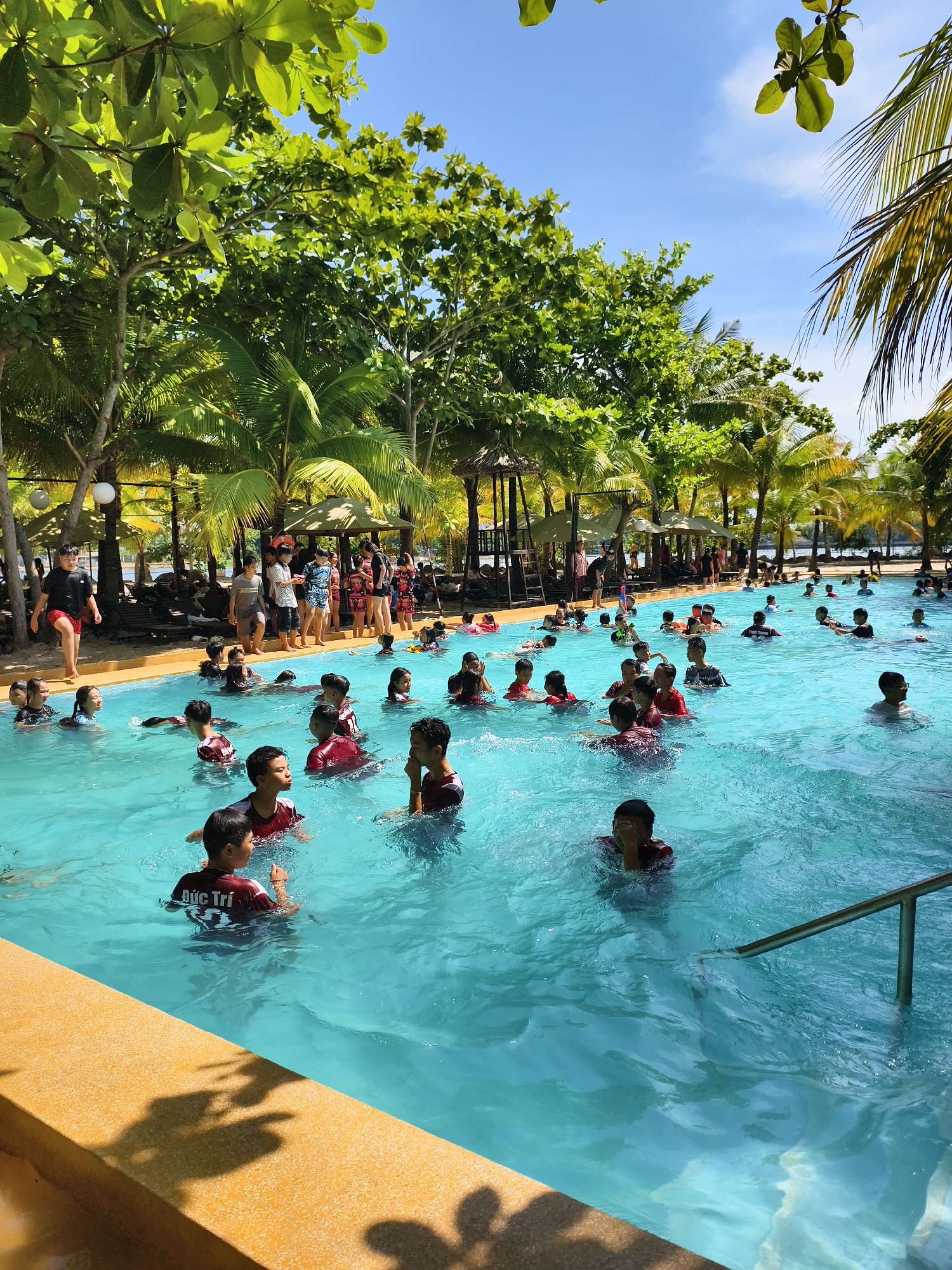 The image captures a scene in a pool, likely in the city of Tay Nha Trang Ward, Vietnam, given the potential context. The pool is filled with many people, mostly children and adolescents wearing dark-colored tops or swimming attire. A number of them are in the water, appearing to be swimming or engaging in water activities. Some are congregated in groups, possibly interacting or talking.
The pool has a visible edge and a handrail near the corner of the frame. Beyond the pool, there are trees, including palm trees, shading the area. In the background, there are also structures, such as huts, and people standing around. The weather appears to be sunny, casting shadows across the scene.