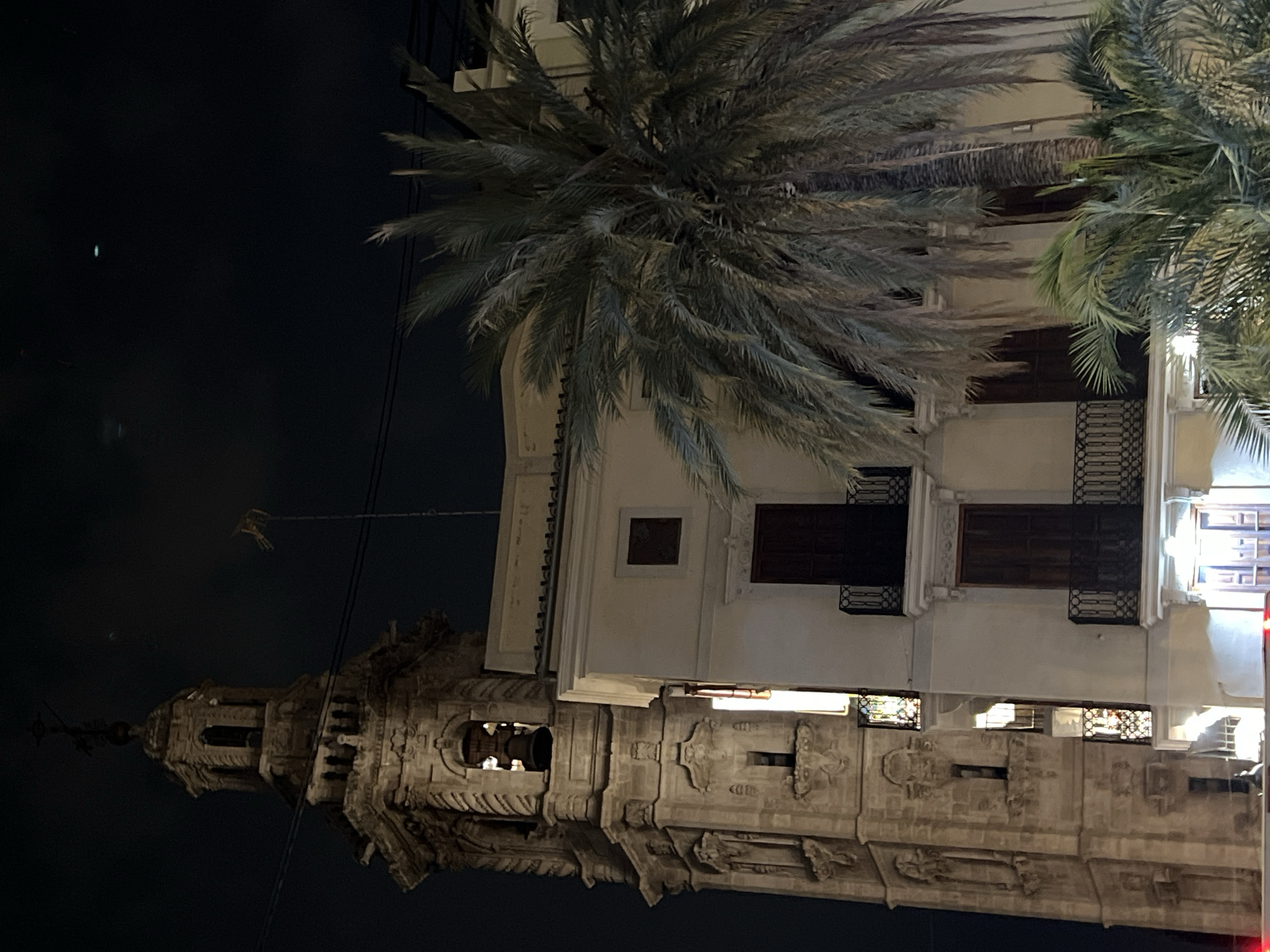The image depicts the tower of the Church of Saints John of the Hospital in València, Spain, at night. The ornate, stone tower extends from bottom left to the center of the frame, with intricate carvings visible. At the top right is a portion of the church building itself, constructed of a lighter-colored stone with windows and closed shutters. Palm trees are situated between the tower and church building, partially obscuring the view. The background consists of a dark sky.