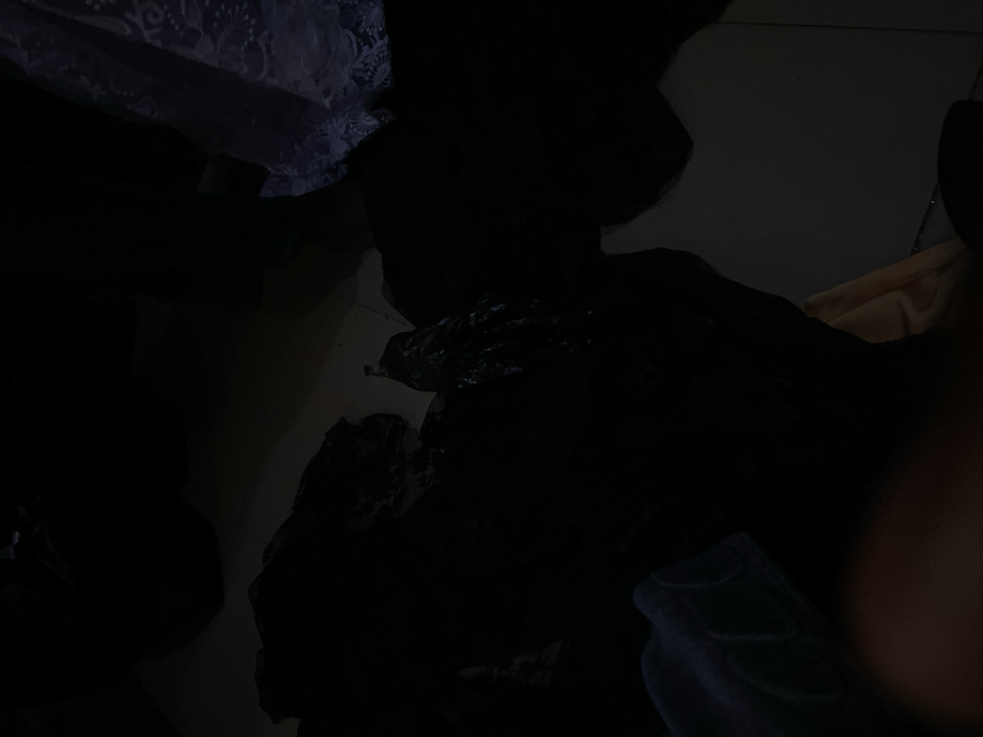 This media file shows a dimly lit indoor scene, likely a domestic setting in Jalingo, Nigeria. The primary subjects are several black garbage bags, some appearing to be full and others possibly containing assorted waste. They are placed on a tiled floor, which is partially visible and has a light color, suggesting it might be ceramic or linoleum.
In the background, a portion of what appears to be a patterned textile, possibly a curtain or a piece of fabric with floral or lace-like designs, is visible in the upper left corner. The lighting is very low, casting deep shadows and making it difficult to discern specific details about the environment or any potential human presence. The overall impression is one of a cluttered or disorganized space, with the garbage bags being the most prominent objects. There is no indication of the time of day or the weather. No text is visible in the image.