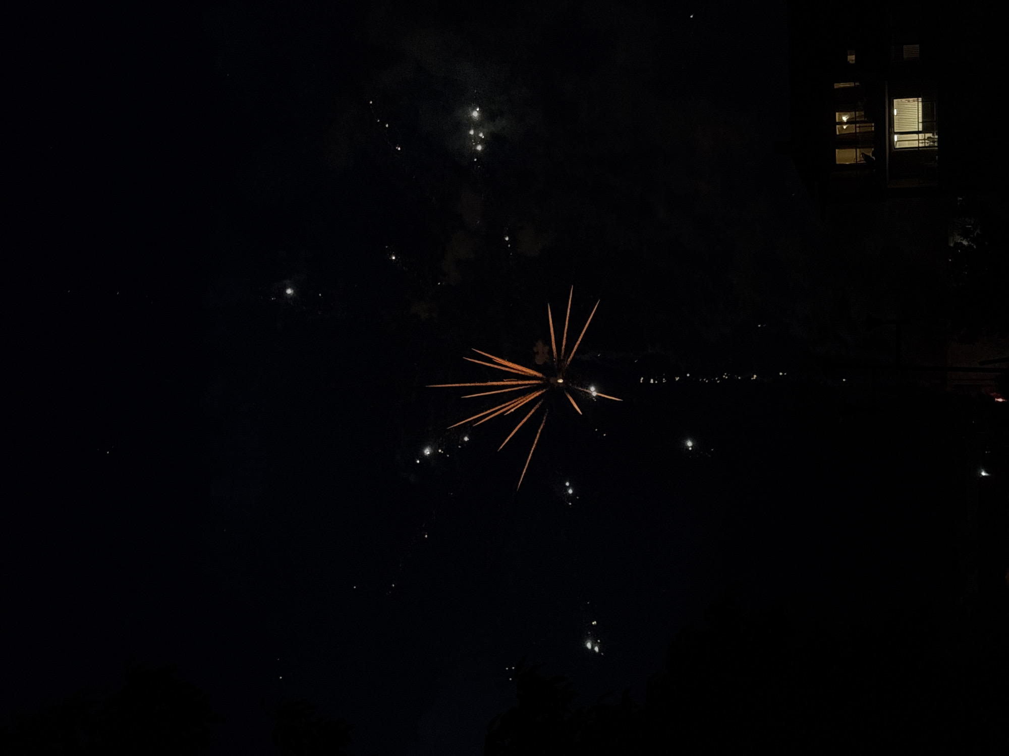 The image presents a nighttime scene in Elin Pelin, Bulgaria, showcasing a fireworks display. A prominent orange-yellow firework burst, characterized by radiating spiky trails, dominates the center of the dark sky. Surrounding it and extending into the upper left, various smaller, white, sparkling bursts and luminous trails of light are scattered, indicating an ongoing pyrotechnic show. The sky is largely dark, suggesting a clear night.
On the far right, a section of a residential building is partially visible, with at least two windows illuminated from inside. One window clearly shows venetian blinds. Along the distant horizon, faint clusters of lights suggest the presence of a town or city beneath the fireworks. The scene captures a moment of celebration or a special event occurring after dark. No visible text is present in the image.