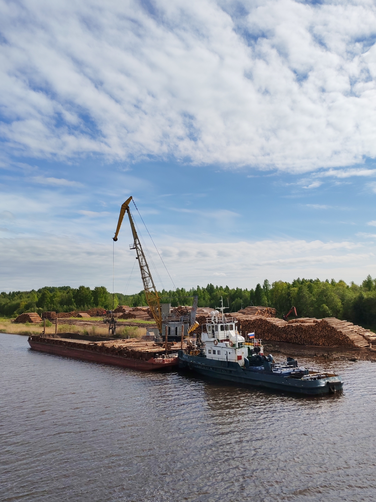 The image depicts a tugboat and a barge moored alongside a shore, possibly a riverbank. On the shore, there are large piles of logs. A yellow crane is positioned on the barge, presumably to load or unload the logs. The water is brown and rippled, and the sky is blue with scattered white clouds. A line of trees is visible along the horizon, suggesting a rural or natural setting. The tugboat is painted in gray and white and appears to be securely attached to the barge. The scene conveys industrial logging activity. The location is in the city of Unknown, Unknown.