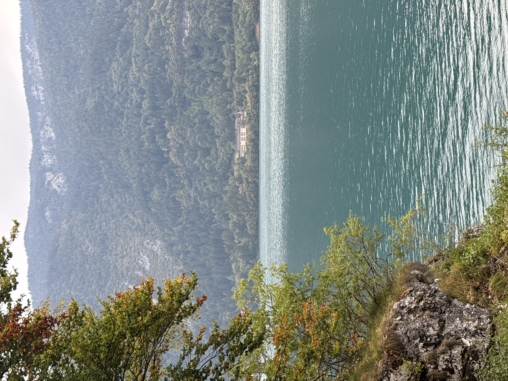 This is a vertical, eye-level shot of a lake with a forested mountain range in the background. In the foreground, a rocky outcrop is covered with vegetation and foliage from trees. The lake water is a deep teal color with visible ripples. Across the lake, nestled among the trees on a lower slope of the mountain, is a large, light-colored building with a dark roof, appearing to be a hotel or resort. The mountain itself is densely covered in trees, with lighter patches of rock or sparser vegetation visible higher up. The sky is overcast and a pale gray. The scene is serene and natural.