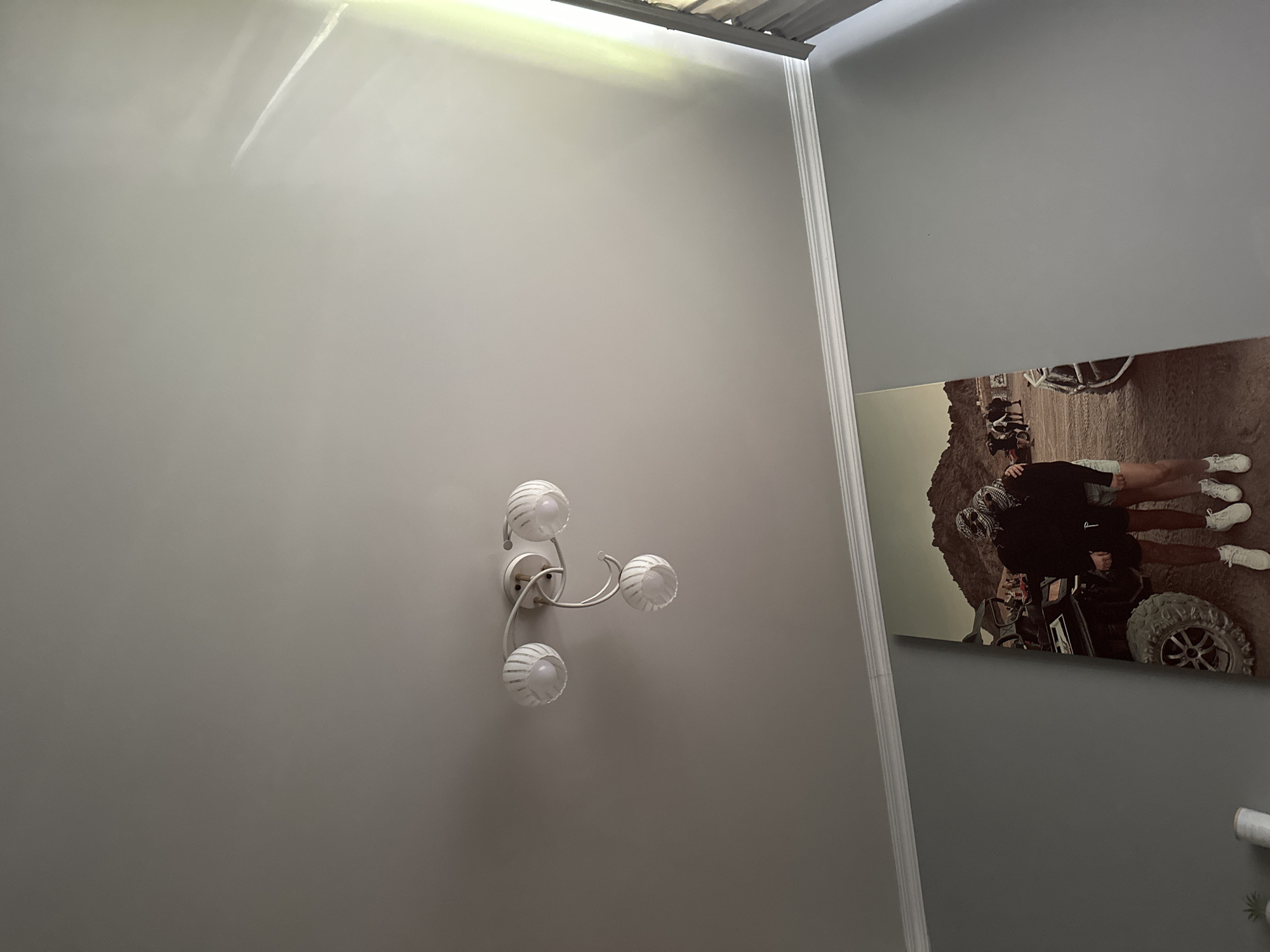 A ceiling-mounted light fixture with three white glass globe shades hangs from a white ceiling. The fixture has white metal arms that curve and twist. A large vertical photograph hangs on a gray wall below the ceiling, depicting two individuals in the foreground embracing. They are both wearing dark clothing and white sneakers, with one person's arm around the other's shoulders. Behind them, a four-wheeled ATV is visible, along with other people and a mountainous desert landscape. White crown molding separates the ceiling and the wall.