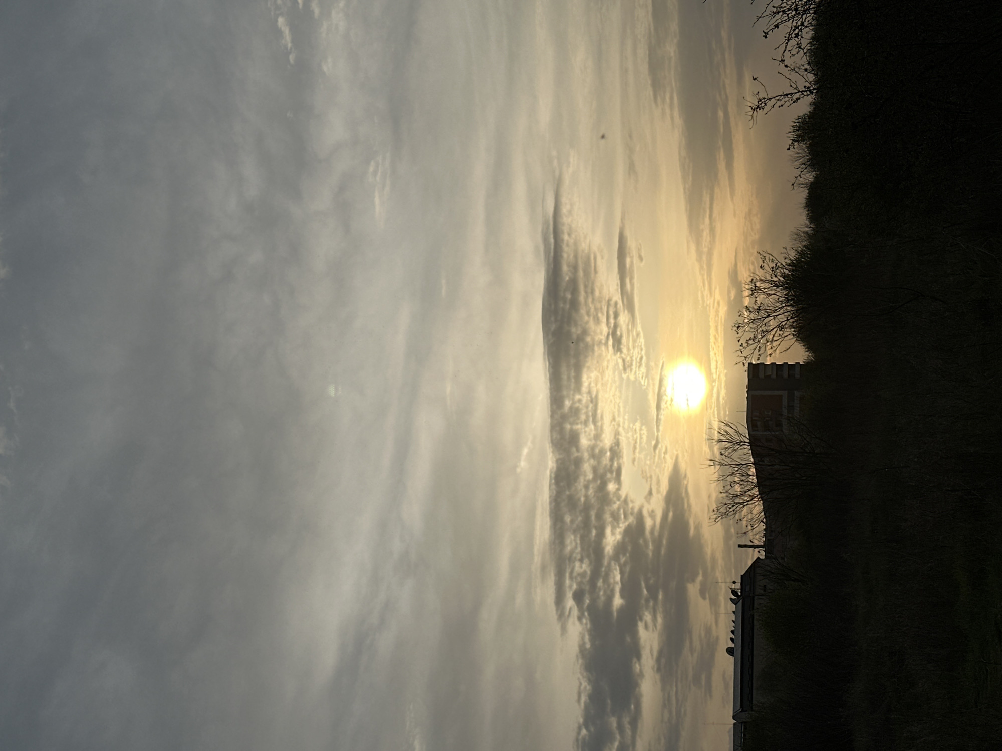 A horizontal landscape photograph captures a dramatic sunset or sunrise over Sofia, Bulgaria, with the sun low on the right side of the frame. The sky dominates the upper and central parts of the image, filled with a mix of wispy and textured clouds. Near the sun, the clouds are illuminated with warm, golden hues, creating bright spots and a strong glare from the partially obscured sun disc. Away from the sun, the sky and clouds transition to softer grays and blues.
In the foreground and midground, a dark, silhouetted landscape stretches across the lower portion of the image. On the right, a dense mass of trees and bushes with bare branches suggests a colder season. Behind this foliage, a multi-story brick building with visible windows stands in stark silhouette against the bright sky. Below and slightly to the left of this prominent structure, another building's rooftop is discernible, featuring a line of several dark, circular objects, most likely satellite dishes, outlined against the bright horizon.
The overall scene is serene and tranquil, characterized by the high contrast between the luminous sky and the deeply shadowed foreground elements. No explicit human activity is visible, and there is no discernible text in the image. The architectural style of the buildings, though silhouetted, is consistent with an urban setting in Sofia.