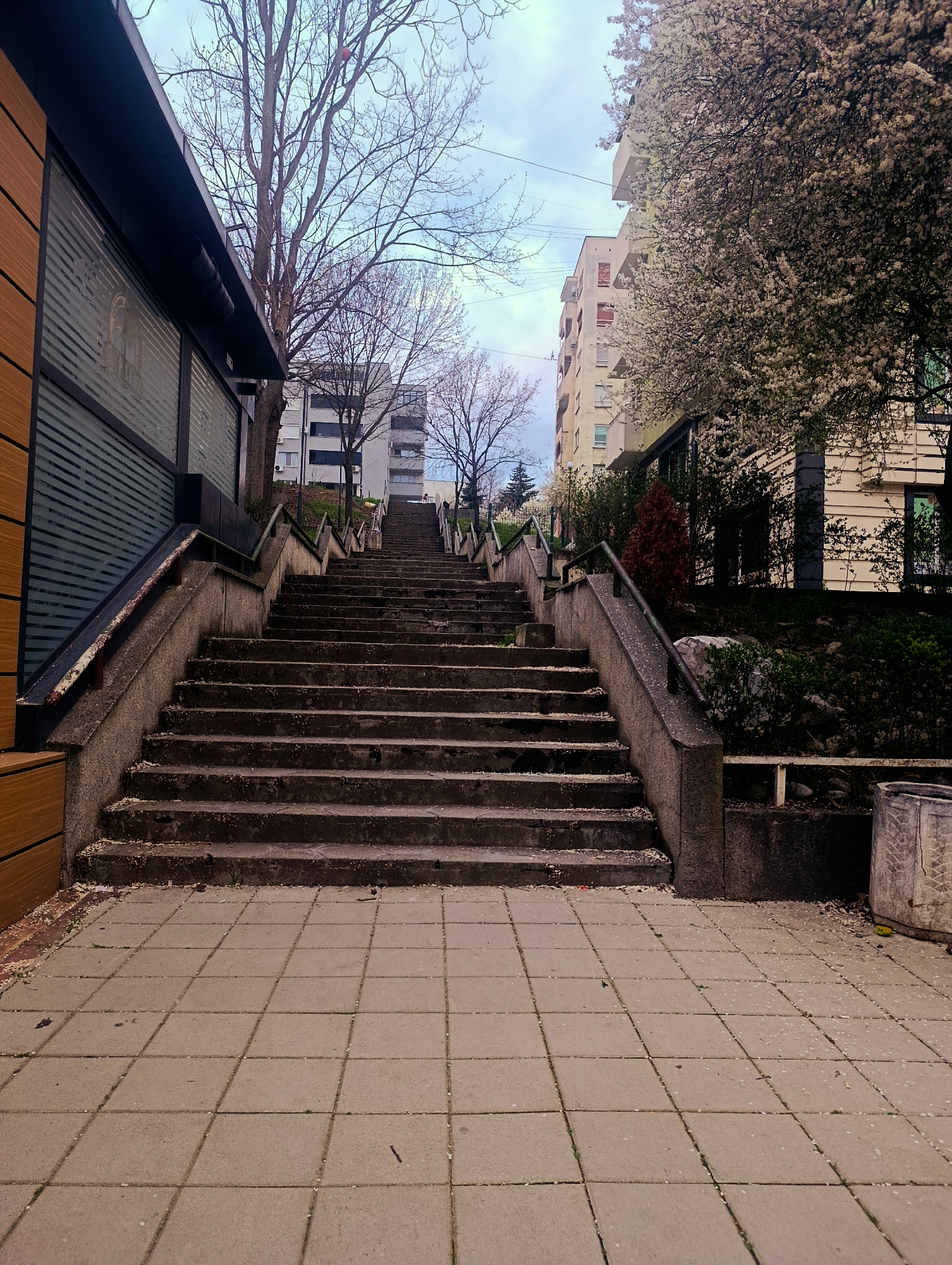 A long, steep set of outdoor concrete stairs dominates the frame, ascending from a paved tiled area in the foreground towards buildings in the background. The stairs have concrete railings with metal bars. A building with a wooden facade on the left and another one with blossoming trees on the right flank the base of the stairs. Trees and buildings are visible further up the staircase. The sky is overcast. Debris, possibly flower petals, are scattered on the stairs and pavement. A partially visible concrete trash receptacle is to the right. The location is Kardzhali, Bulgaria.