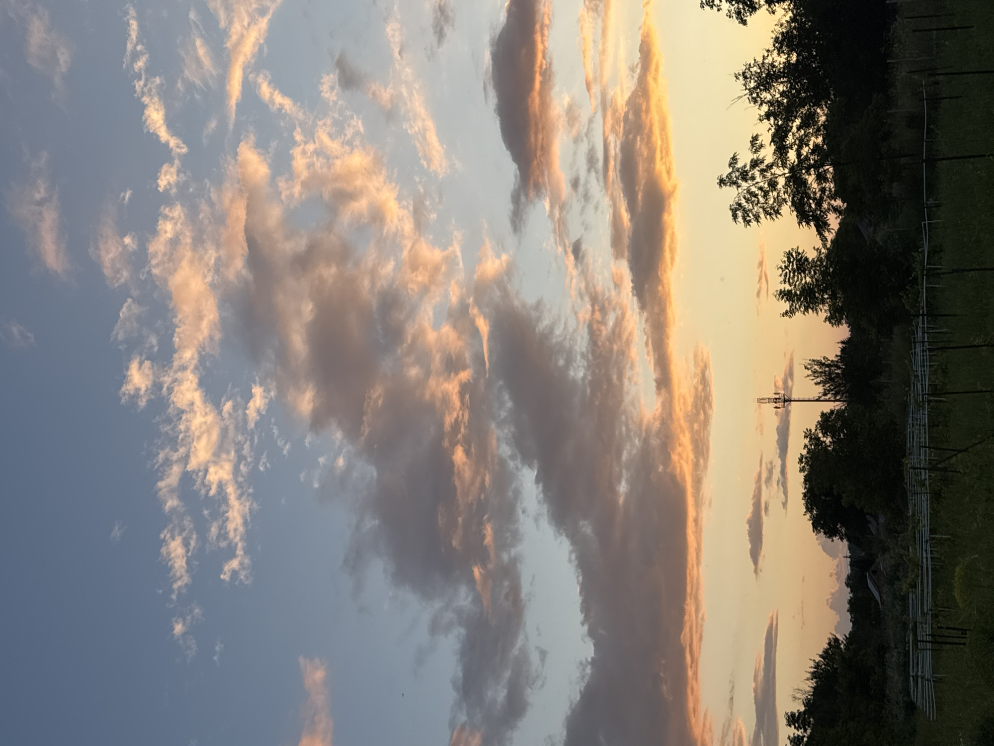 The image depicts a landscape at sunset with dramatic clouds illuminated by the setting sun. The sky is a gradient of soft blues and warm oranges, with wispy clouds displaying shades of pink, orange, and gray. Silhouetted against the colorful sky are trees forming a dark line along the horizon, suggesting a rural or natural setting. In the mid-ground, a telecommunications tower is visible, standing tall above the trees. To the right, a fence with vertical posts runs across the frame, separating a green field from the wooded area. The overall mood is serene and picturesque, capturing the beauty of a natural sunset. The time of day is clearly evening, as indicated by the sunset colors in the sky. The location context suggests Zassovskaya, Russia. There is no visible text in the image.
