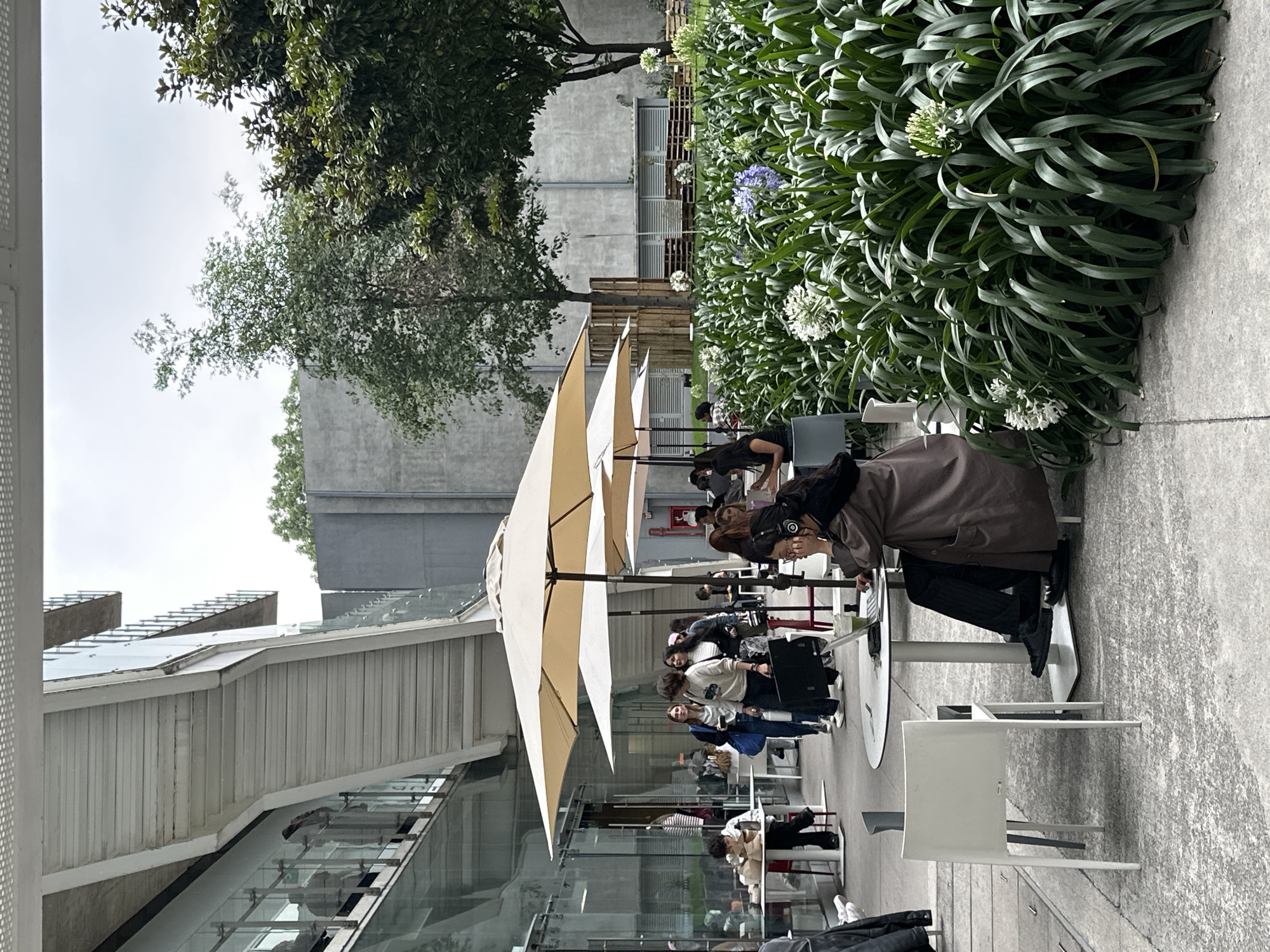 The image depicts an outdoor area in Mexico City, Mexico. Along a building with glass walls and a cantilevered roof, a row of white tables and chairs is set up under large, light-colored umbrellas. People are seated at the tables, some wearing jackets and listening through headphones, suggesting they may be students studying or working. Adjacent to the seating area, a dense patch of green foliage with white and blue flowers thrives. The background includes more trees and a tall, grey building. The overcast sky contributes to the muted light of the scene.