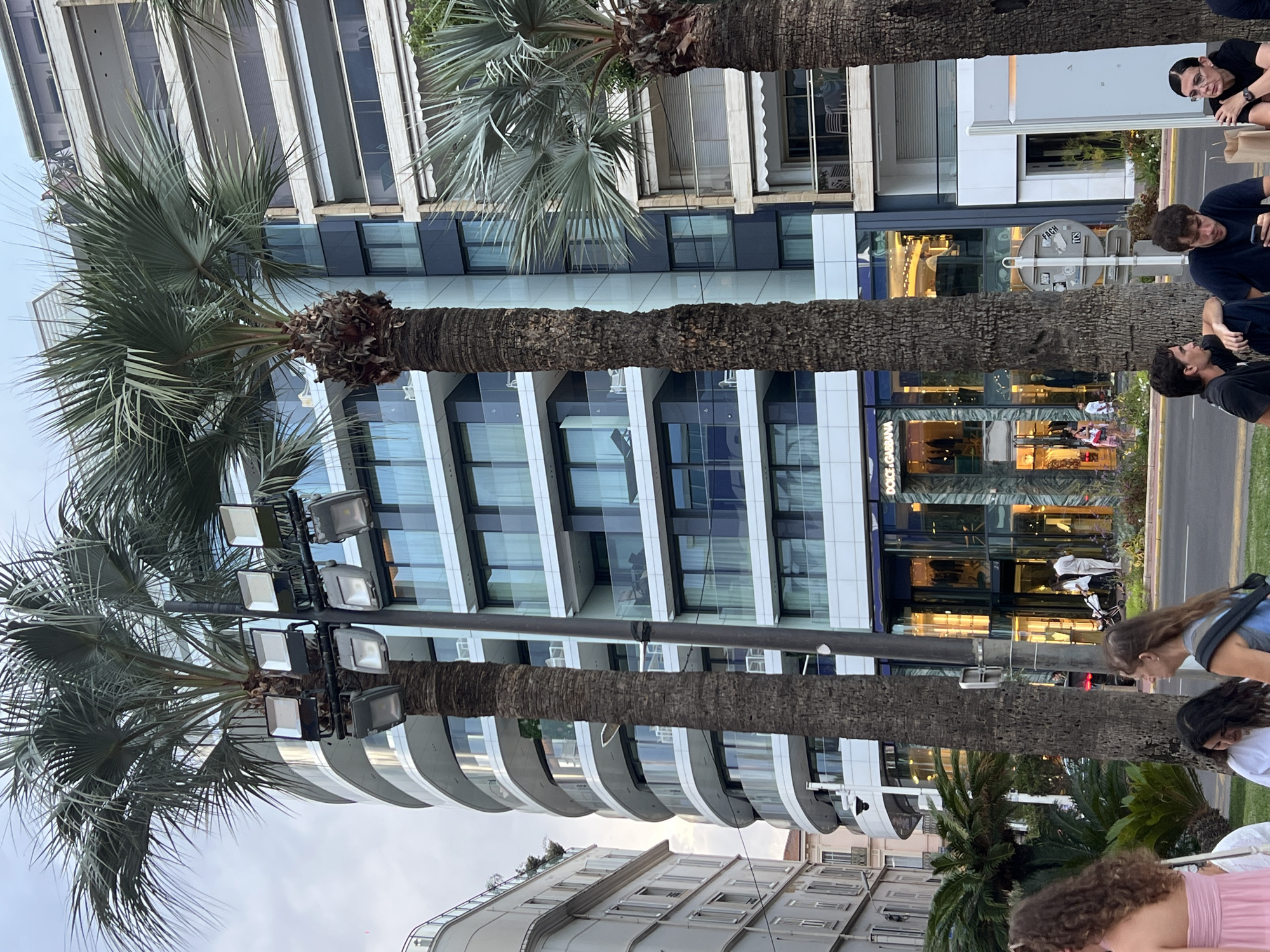 The image depicts a street scene in Cannes, France, with a prominent Dolce & Gabbana store on the ground floor of a modern building. Tall palm trees line the street, with their fronds partially obscuring the view of the building's upper floors, which feature balconies and large glass windows. Several people are visible in the foreground, some seated on the grass and others walking on the sidewalk. A street light pole with multiple lamps is positioned between two palm trees. The sky is overcast, suggesting either early morning or late afternoon. The architecture of the building is sleek and contemporary, contrasting with the older building visible on the left side of the frame.