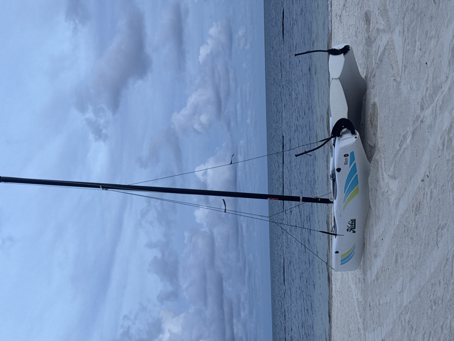 A white Hobie Wave catamaran sits on a sandy beach next to the ocean. Its black mast rises tall against a cloudy sky. The boat has colorful blue and yellow stripes on its hull. The ocean stretches to the horizon under a mostly overcast sky. Some of the boat is in the sand.