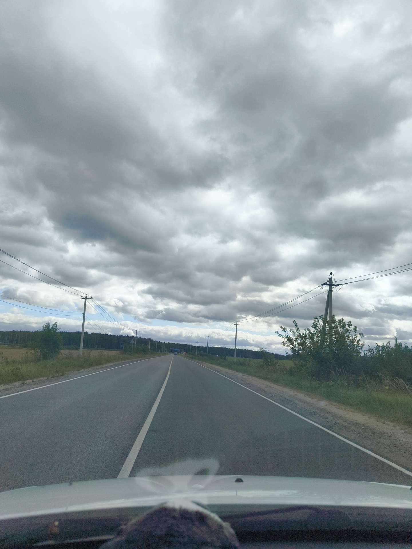 A perspective view from inside a vehicle shows an asphalt road stretching into the distance, bordered by a white line on the right and a broken white line on the left. The sky is filled with heavy, grey, and white clouds. Along the right side of the road, there are utility poles with wires and dense green foliage. On the left side, there is a field and a line of trees in the distance. The scene is likely a rural road in Lovtsovo, Russia, given the prevalence of utility poles and the natural landscape.