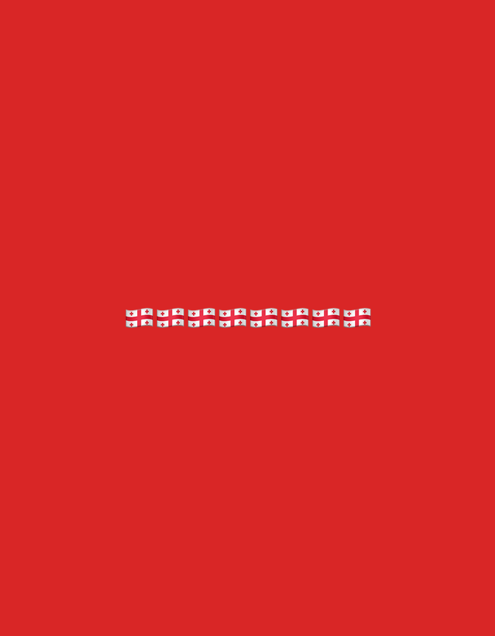 The image is a minimalist, abstract design featuring a solid red background. Centered horizontally in the middle of the frame, a single row of what appears to be small, repeating flag icons is present. Each icon depicts a white cross on a red background, with four smaller red crosses in the corners of the white cross. The flags are arranged closely together, forming a continuous band across the image. The overall impression is one of symmetry and repetition against a bold, unadorned backdrop.