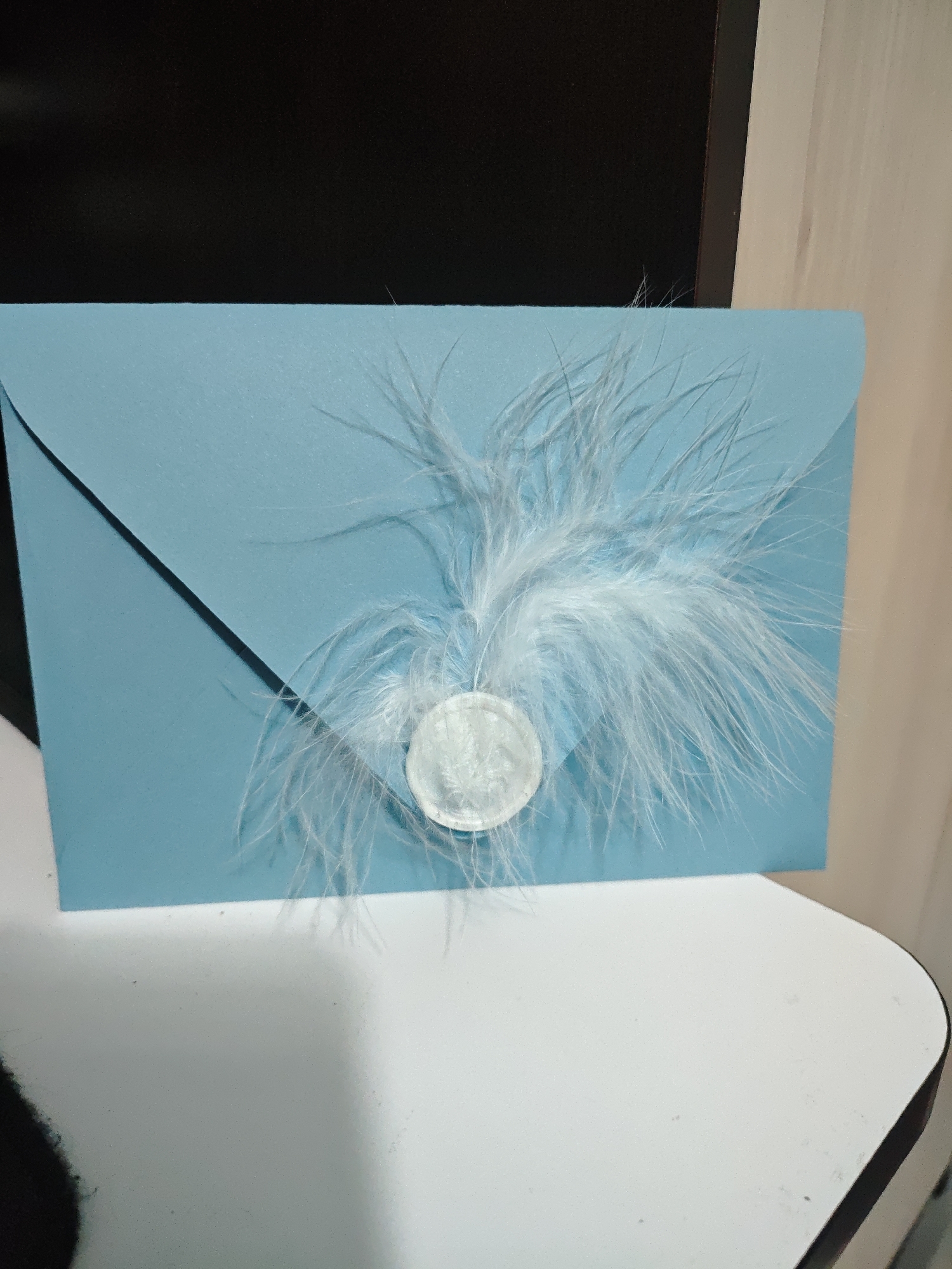 A light blue envelope sits on a white surface, adorned with a white wax seal and white feathers. The background is out of focus, but includes a dark surface and a light-colored wall. The location in the city of Unknown, Unknown is not discernible from the image.