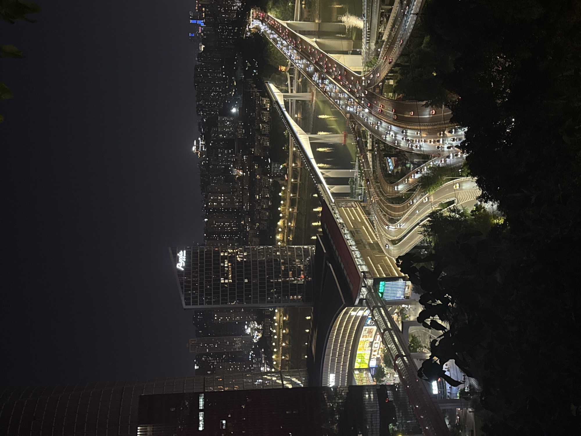 A nighttime photograph taken in Yuzhong District, China, showcases a bridge with multiple levels of traffic. The city skyline is lit up in the background. Buildings with illuminated windows fill the lower left quadrant, some displaying signage. Vegetation is seen on the right side of the frame. The bridge appears to have two sections supported by pillars, spanning a body of water. Traffic is visible on the bridge levels. The lighting is low, with the primary sources being the city lights and vehicle headlights.