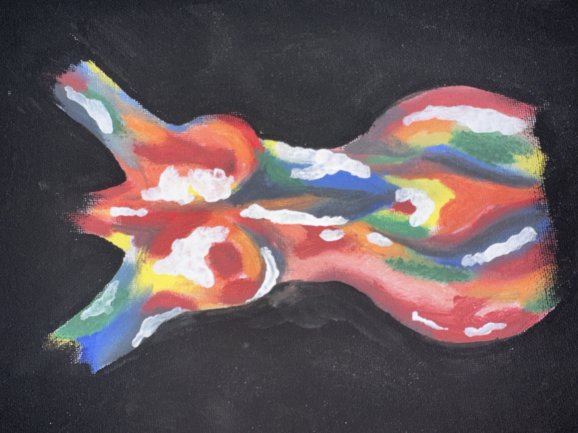 A vibrant, abstract painting of a female torso rendered in bold, colorful brushstrokes against a stark black background is presented. The torso, depicted in a frontal view, is a mosaic of reds, oranges, yellows, greens, blues, and whites, with white paint used to highlight curves and form. The style is impressionistic, focusing on color and form rather than precise detail. The background is a textured, deep black, providing a strong contrast that makes the brightly colored torso pop. There are no discernible environmental details or location information present in the artwork itself.