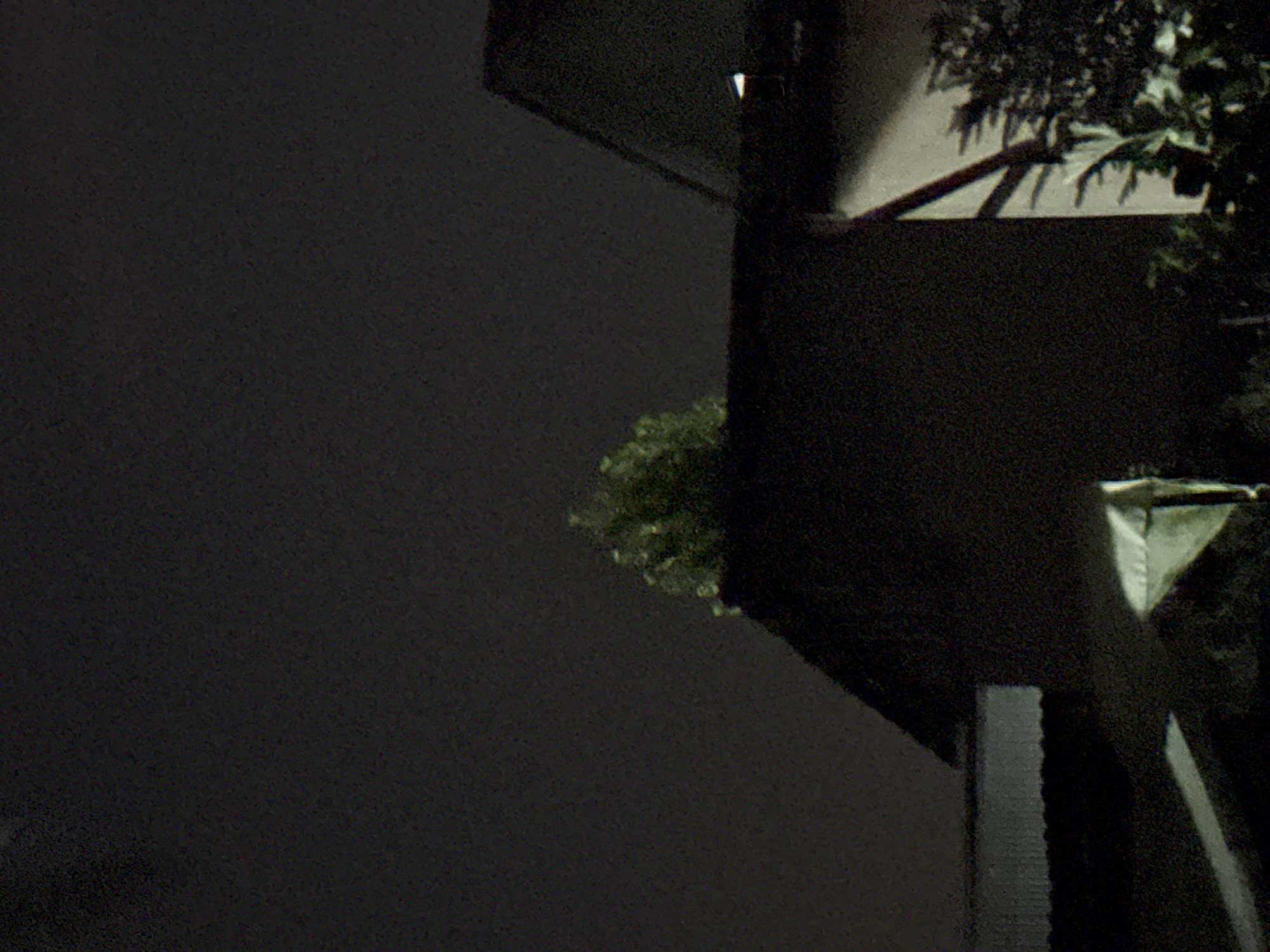 The image shows a dark, grainy scene, likely taken at night. In the foreground, a portion of a dark structure with a sloped roof is visible, possibly a building or shed. A white object with a triangular shape and what appears to be a handle or pole is situated to the right of this structure, partially obscured. To the right of this, a lighter-colored wall of a building can be seen, with shadows cast upon it. Further to the right, lush green foliage is visible, suggesting trees or bushes. In the background, a dark, silhouetted tree stands against a dark sky. The overall impression is of an outdoor, possibly residential, area at night in Vostok, Kyrgyzstan.