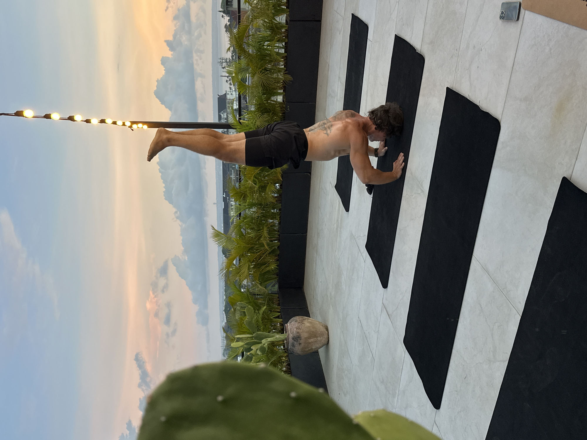 A shirtless man in black shorts is performing yoga on a black mat on a tiled rooftop in Tibubeneng, Indonesia. He is in a plank position, with his body extended straight and parallel to the ground. His back has tattoos. Behind him is a row of potted plants and cacti in front of a cityscape fading into a pastel sunset. A string of lights hangs in the background. The tiled rooftop has a pattern of black mats laid out. In the foreground, a large cactus obscures a portion of the lower left. A smartphone and a cardboard box are visible on the tiles to the right of the man.