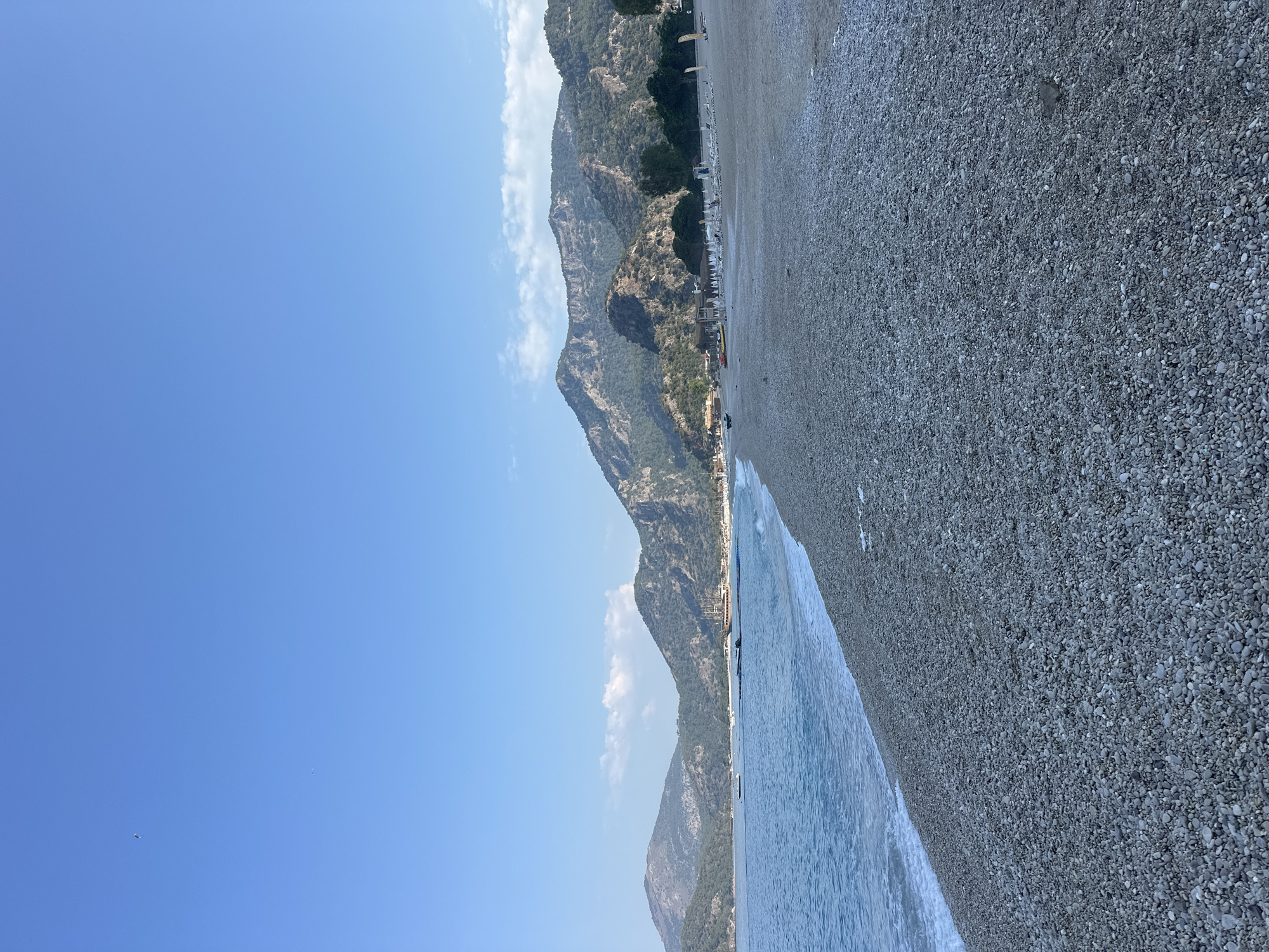 The image depicts a pebble beach in Fethiye, Turkey, with the Aegean Sea on the left and mountains in the background. The water is a deep blue, and small waves are rolling onto the shore. The beach is covered in smooth, gray pebbles, and there are a few sun loungers and umbrellas set up in the distance. The mountains are covered in lush green vegetation, and the sky is a clear, bright blue with a few scattered clouds. The overall impression is one of a serene and beautiful coastal landscape.