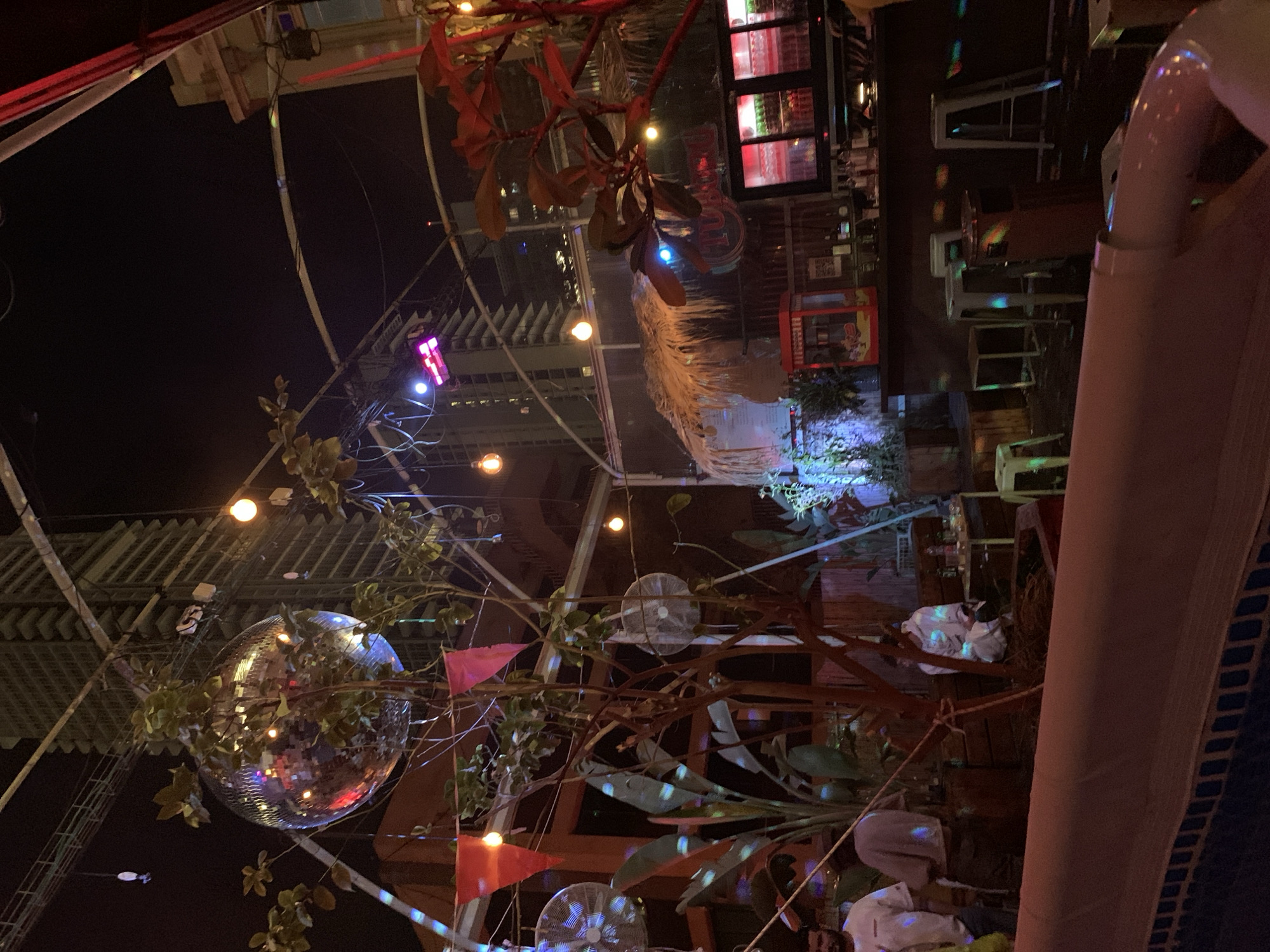 This nighttime scene captures the interior of what appears to be a bar or outdoor venue. A disco ball hangs from the ceiling, and the space is decorated with plants and pennants. The lighting is dim, with string lights and spotlights contributing to the ambience. Outside, through what looks like a glass roof or open-air structure, there is a view of the Tel Aviv cityscape. The style suggests a trendy or bohemian atmosphere. The location is likely in Tel Aviv, Israel, based on the urban setting and mention of it.