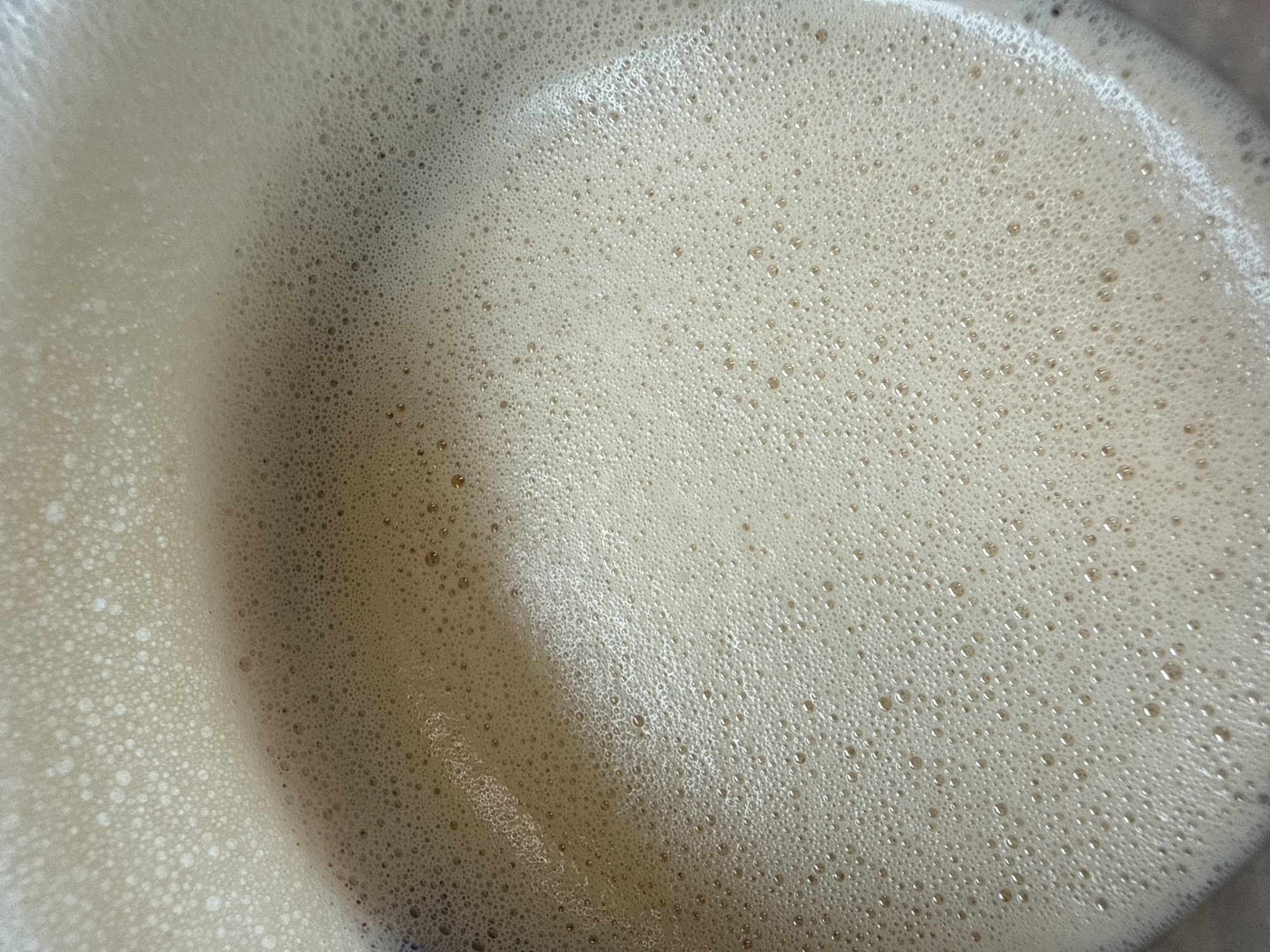 The image presents a detailed, close-up, top-down view of a dense, frothy surface. The primary subject is a layer of foam, appearing in shades of off-white, light beige, and subtle brown. This foam is composed of innumerable tiny, tightly packed bubbles that create a rich, textured surface. Interspersed among these smaller bubbles are occasional larger, more defined bubbles that catch the light, revealing a slight translucency and hinting at the darker liquid beneath.
The foam's surface shows variations in lightness and shadow, suggesting depth and the contours of its container. The overall shape of the foamy mass implies it is held within a circular or oval vessel, such as a mug or bowl, with curved edges visible towards the perimeter of the frame. There are no people, additional objects, or any discernible text visible within the image. The time of day and weather conditions cannot be determined from this view. The image captures the intricate pattern and texture of the foamy substance. This media file was captured in Moscow, Russia.