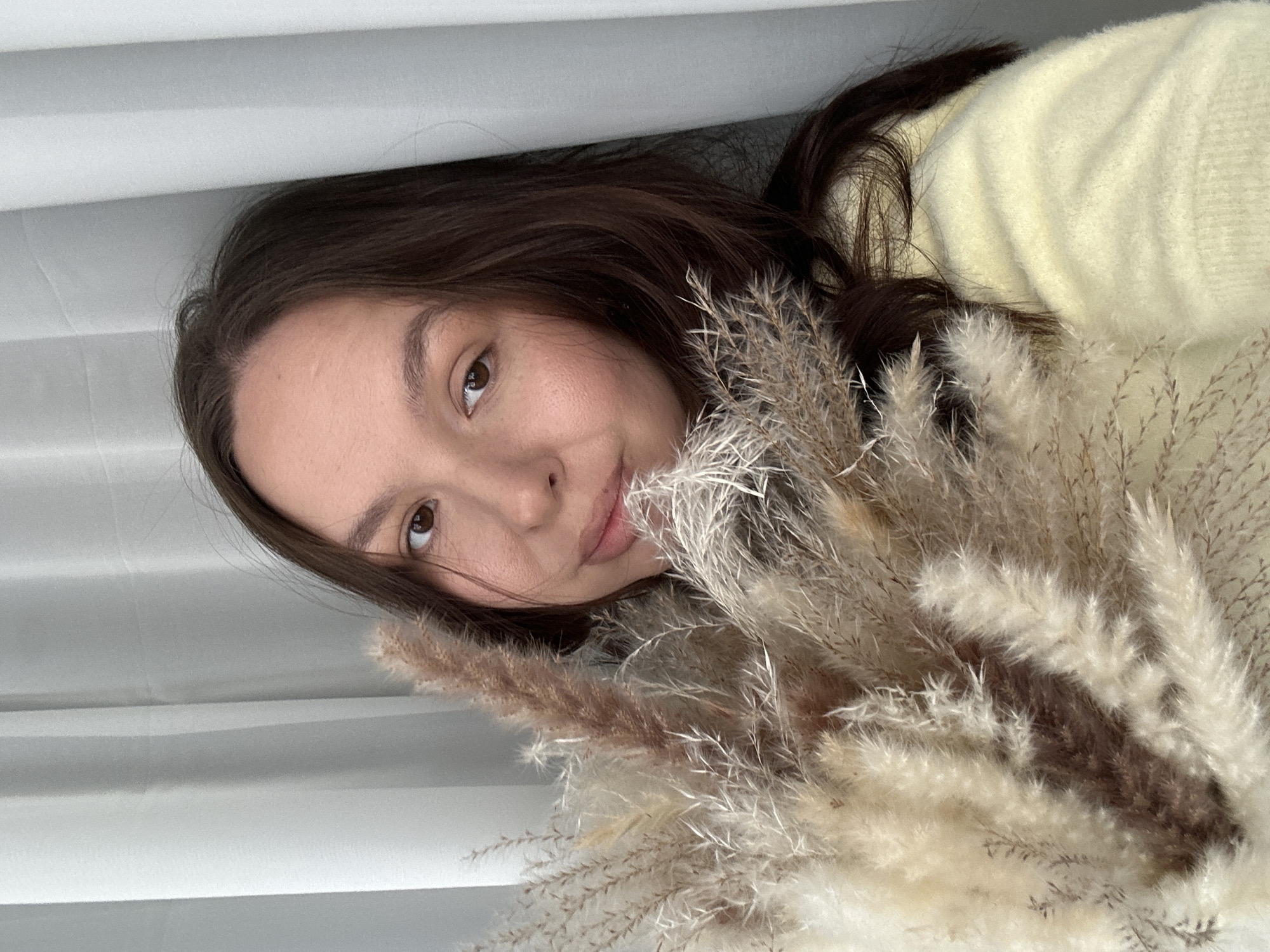 A young adult female is depicted in a close-up portrait, positioned indoors in the city of Chaikovsky, Russia. Her dark brown hair frames her face, and her brown eyes are directed towards the camera. She is wearing a light yellow knitted sweater, visible on her left shoulder and arm. The subject holds a large bouquet of dried ornamental grasses, consisting of cream, beige, and light brown plumes, partially obscuring the lower-left portion of her face. The background consists of vertically pleated light-colored drapes or curtains, indicating an interior setting.