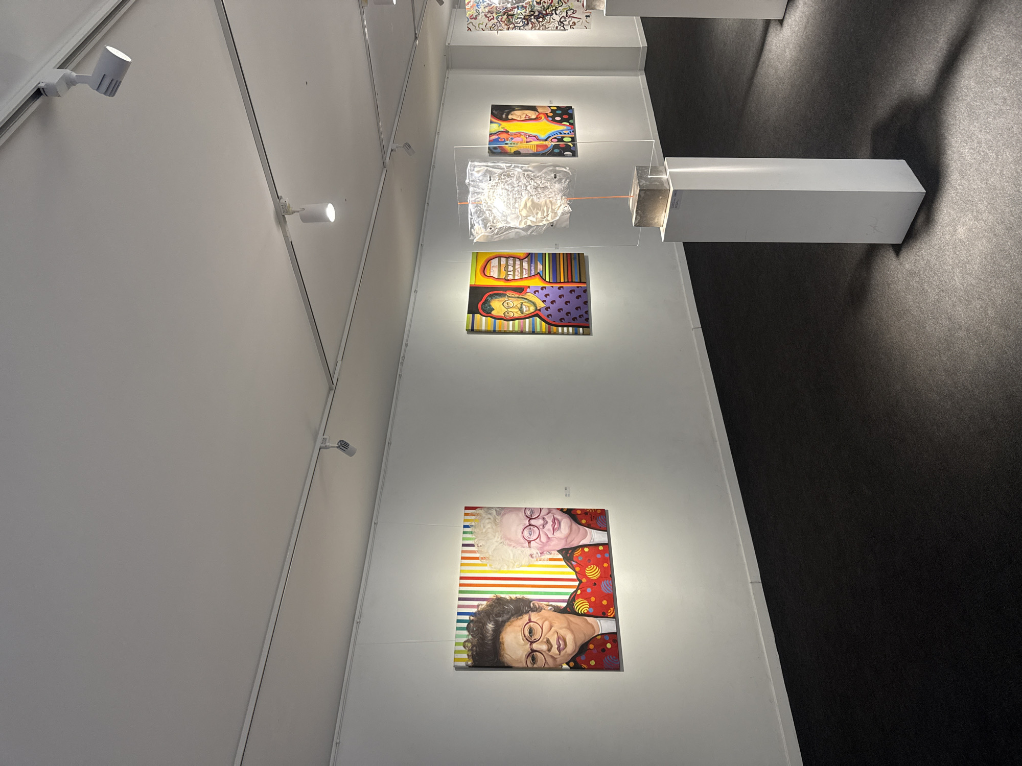 The image depicts an art gallery space, likely indoors, with white walls and dark gray flooring. A series of artworks are displayed along the wall. From bottom to top, the visible artworks are as follows: a painting featuring two portraits of women with glasses and colorful backgrounds, a painting featuring two portraits of individuals with glasses and colorful backgrounds, a clear display case with a white sculptural element inside, and other framed artworks. The gallery appears to be in a contemporary style with a minimalist aesthetic. The location in the city of Yerevan, Armenia is unknown.
