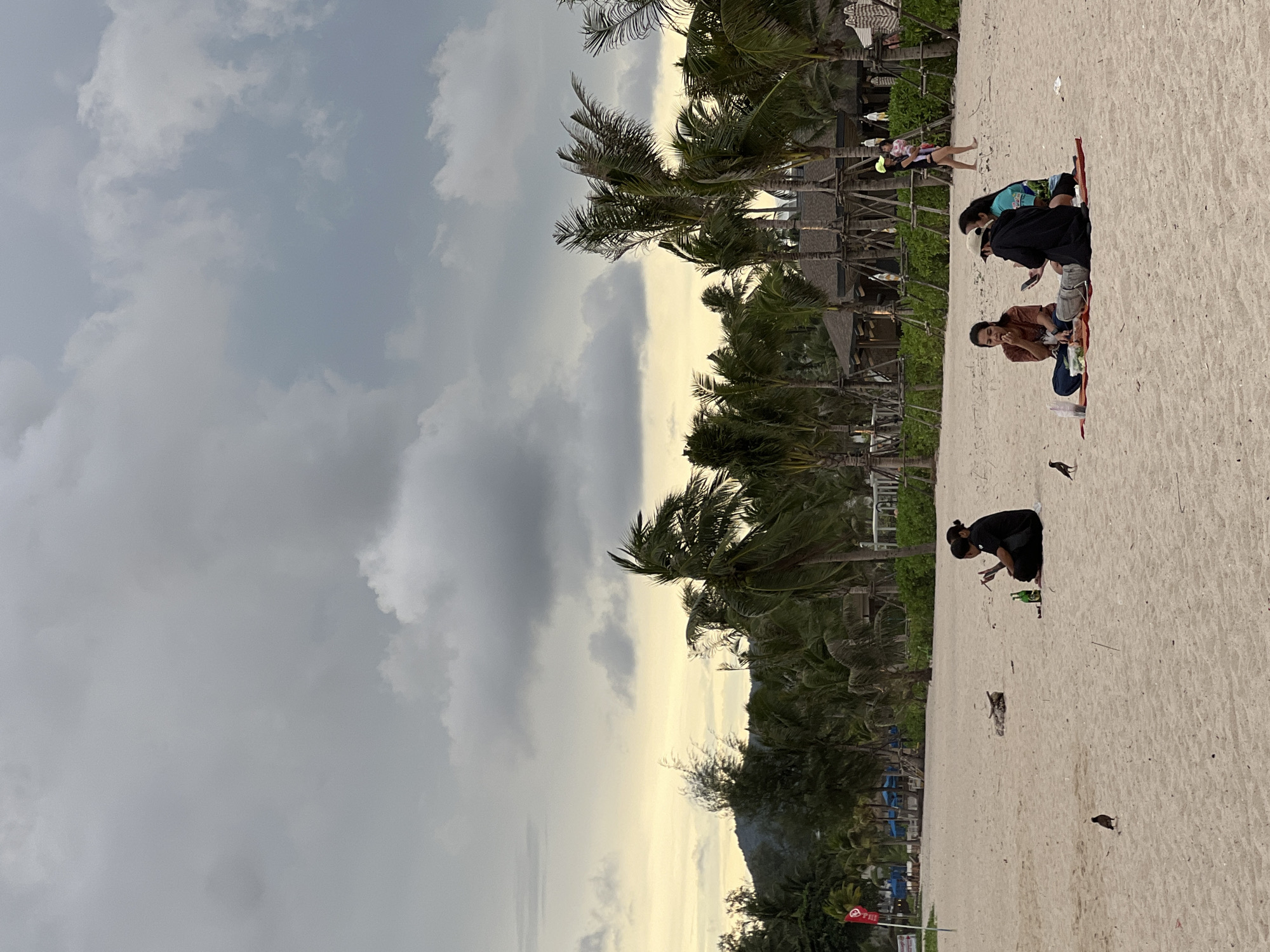 A group of people are on a sandy beach. The sky is cloudy with patches of yellow light visible in the distance. Palm trees line the background of the beach. In the foreground, three people are sitting on a blanket on the sand, appearing to be having a picnic. Two of them are looking at a phone. A fourth person is sitting by themselves on the sand, with two green bottles nearby. A bird is walking on the sand in front of the group. Further in the distance, a woman with a child is walking away from the camera. Another person is seen walking in the background.